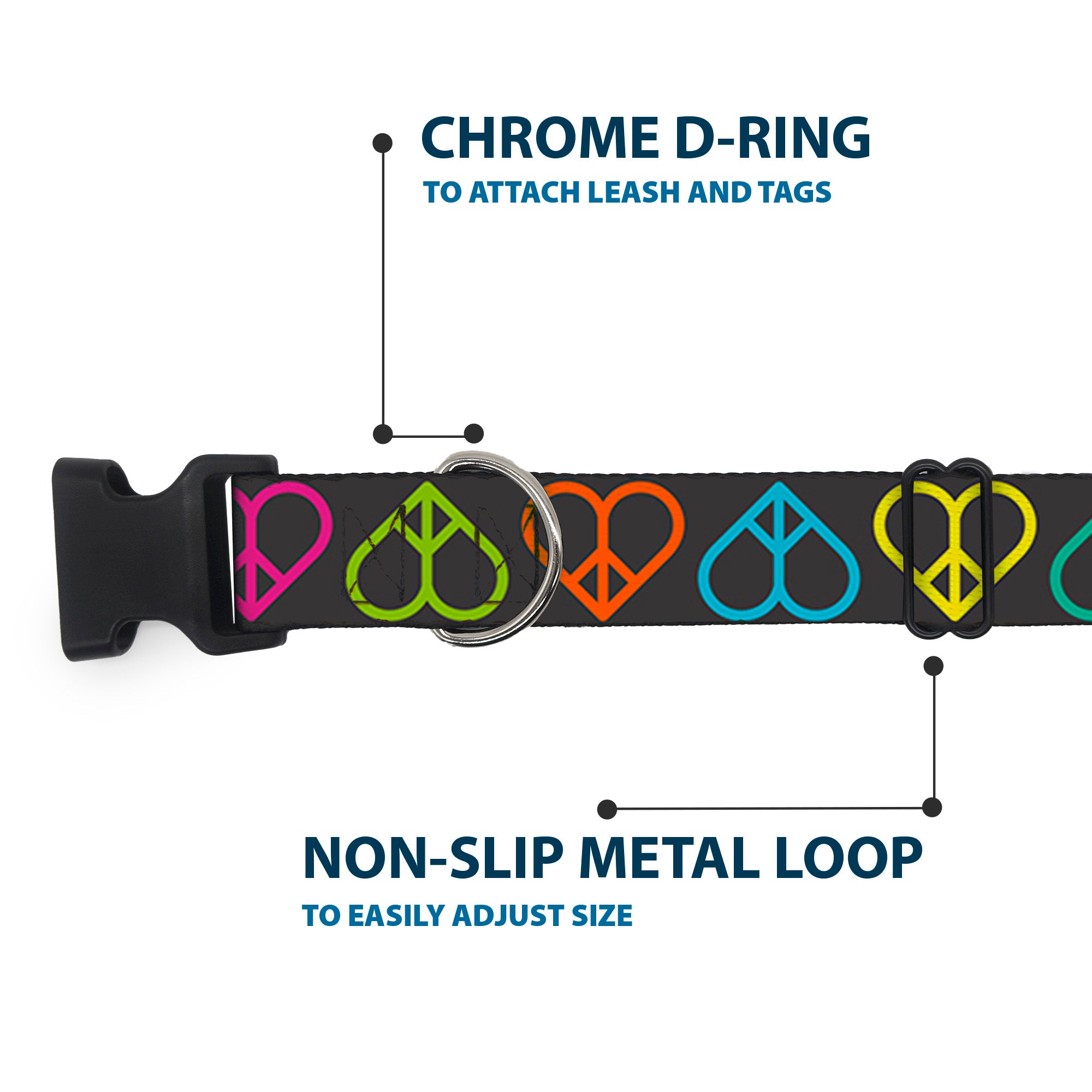 Plastic Clip Collar - Peace Hearts Repeat Black/Neon Plastic Clip Collars Buckle-Down