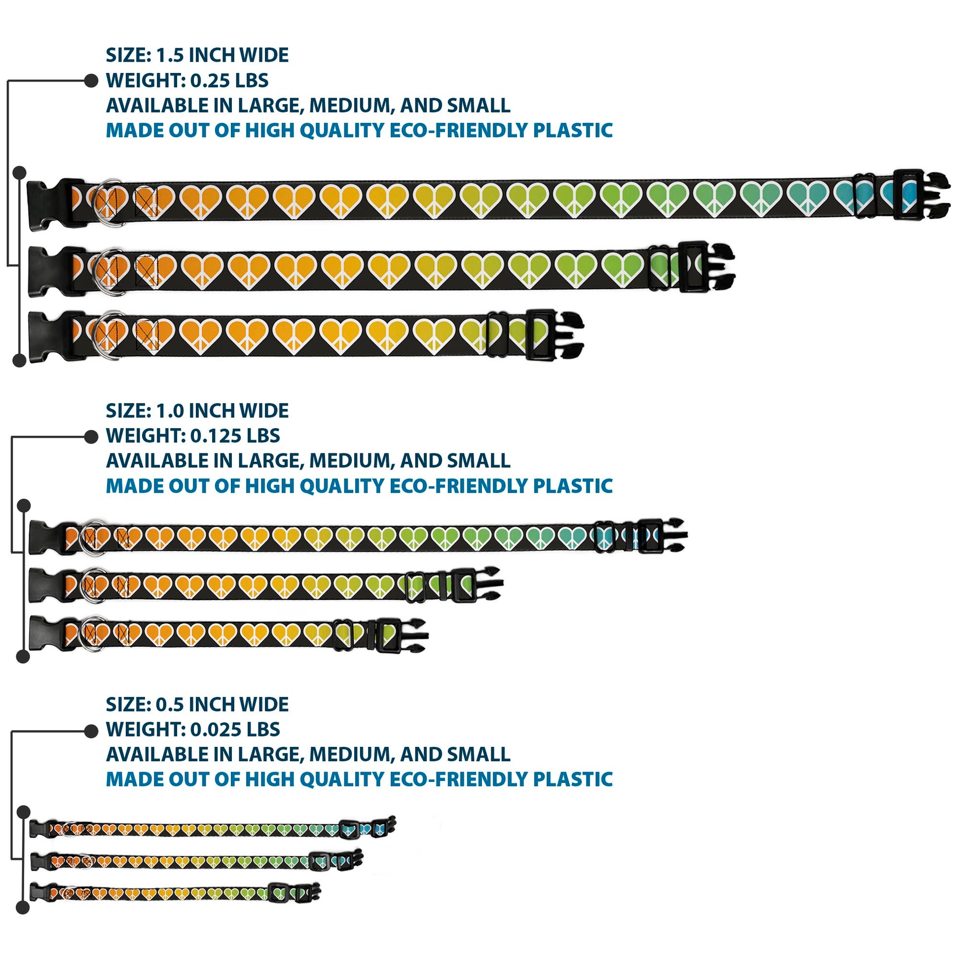 Plastic Clip Collar - Peace Hearts Repeat Fill Black/Rainbow Plastic Clip Collars Buckle-Down