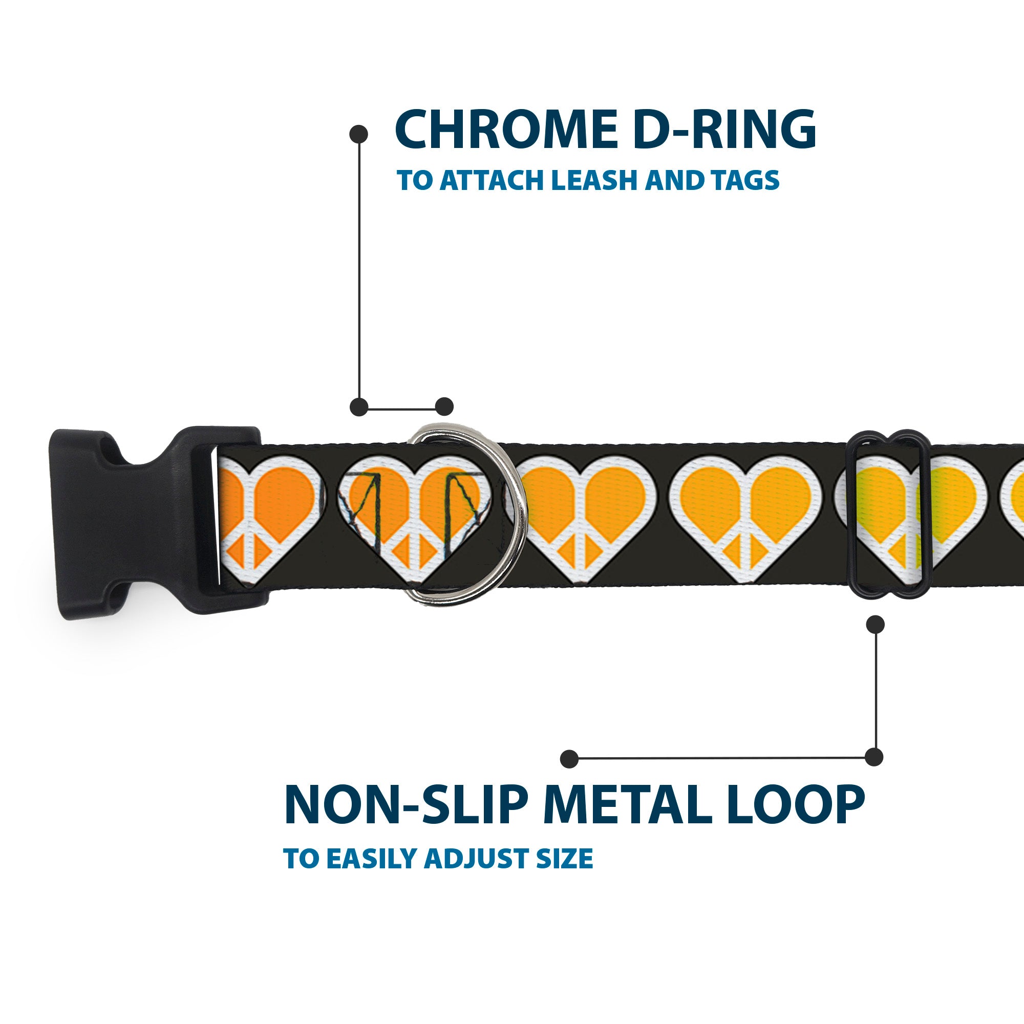 Plastic Clip Collar - Peace Hearts Repeat Fill Black/Rainbow Plastic Clip Collars Buckle-Down