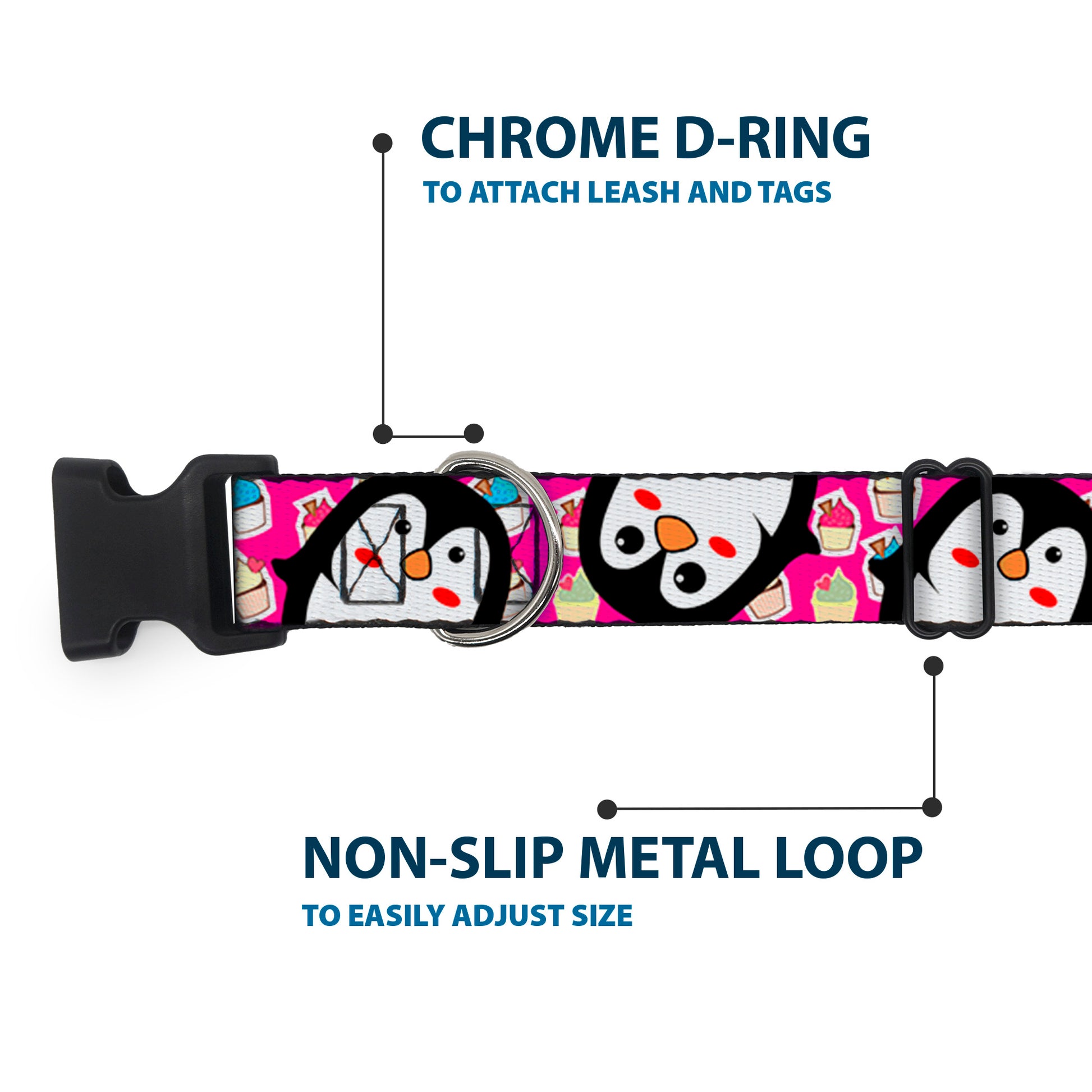 Plastic Clip Collar - Penguins w/Cupcakes Fuchsia/Purple/White Plastic Clip Collars Buckle-Down