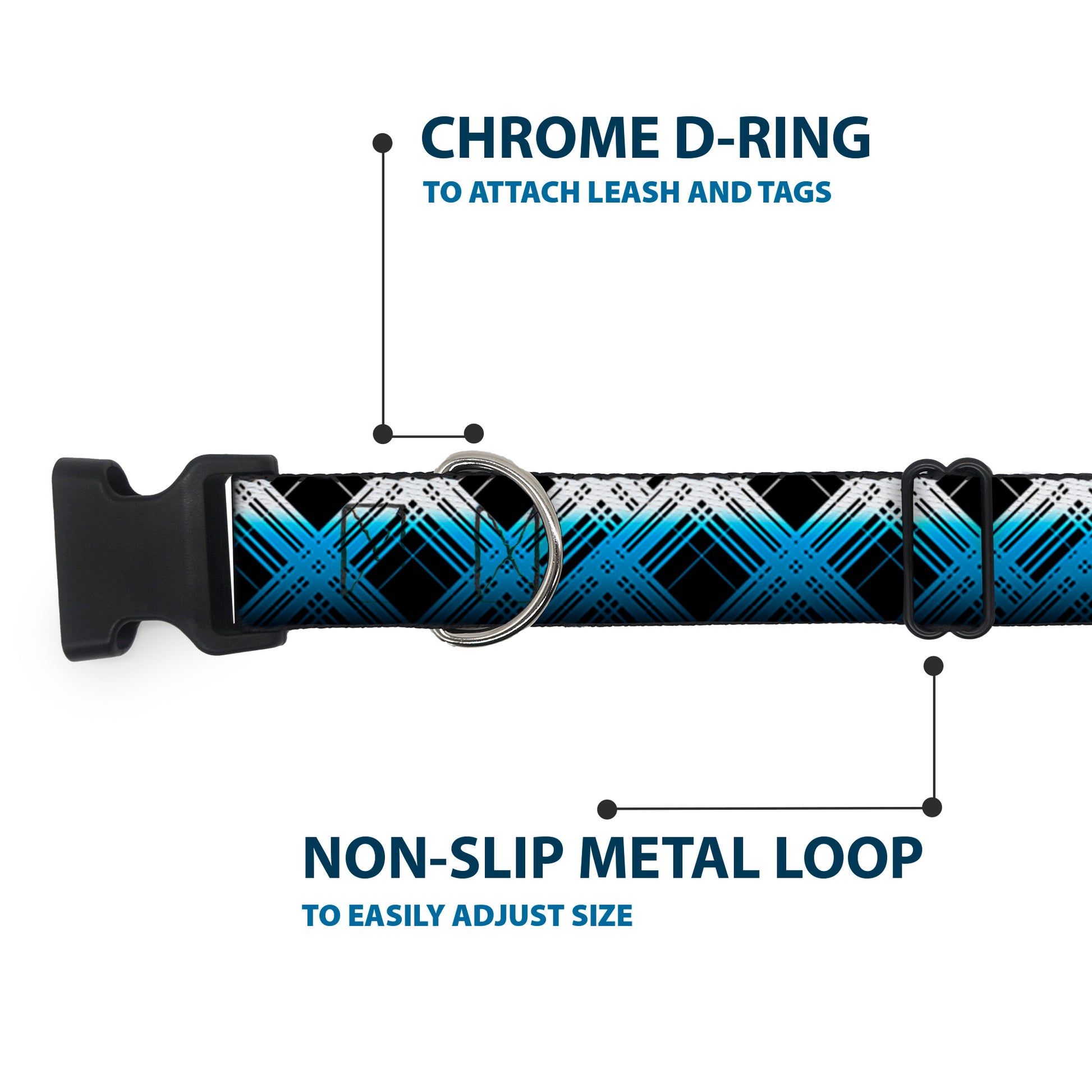 Plastic Clip Collar - Plaid X Gradient Black/White/Blue Plastic Clip Collars Buckle-Down
