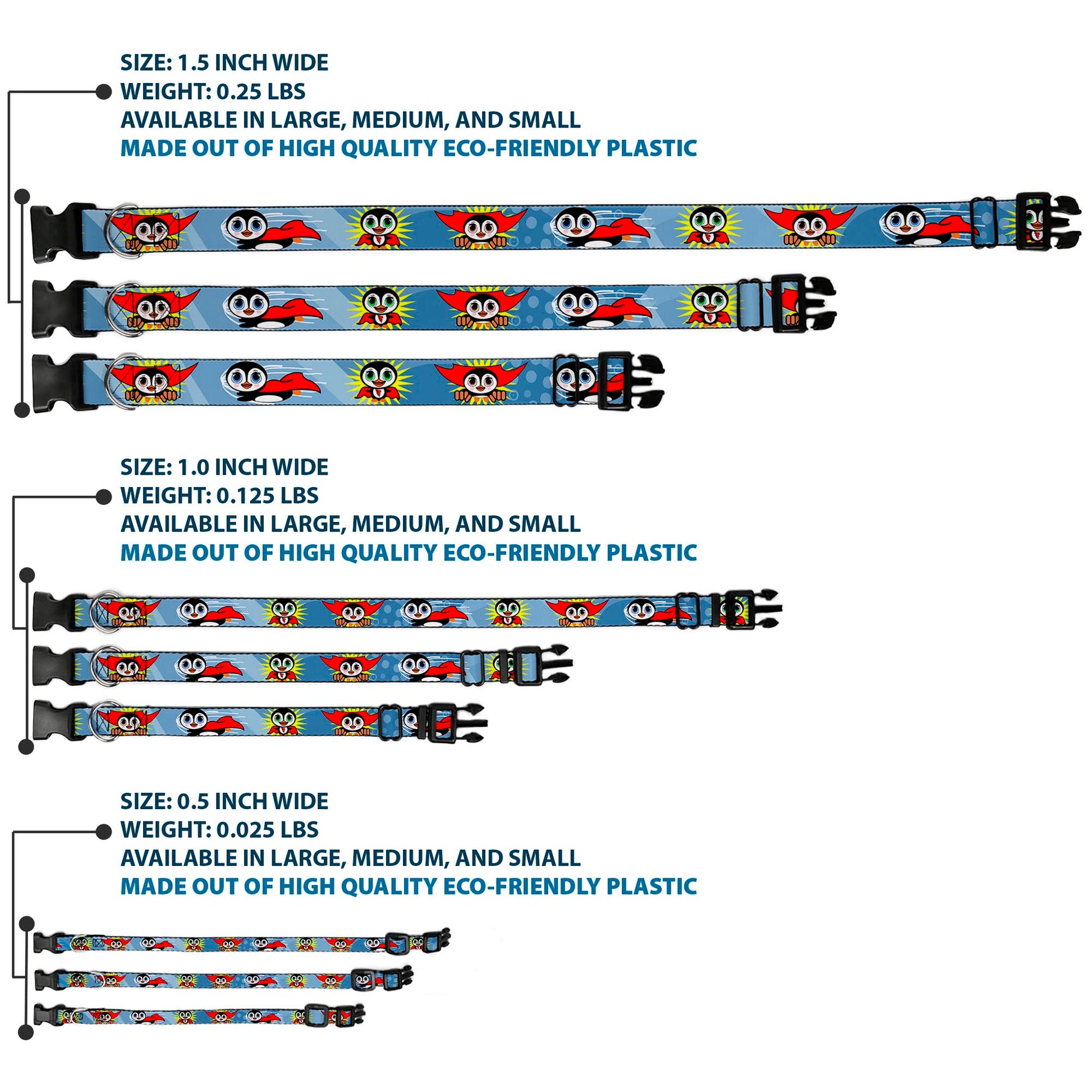 Plastic Clip Collar - Penguin Superhero Blue Bubbles Plastic Clip Collars Buckle-Down