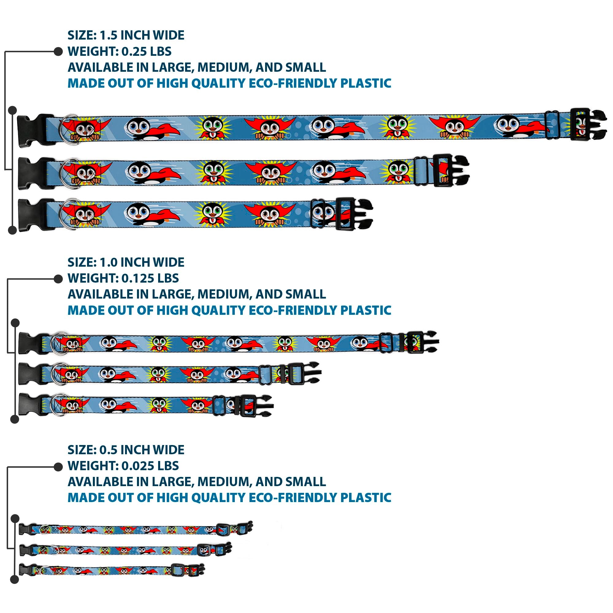 Plastic Clip Collar - Penguin Superhero Blue Bubbles Plastic Clip Collars Buckle-Down