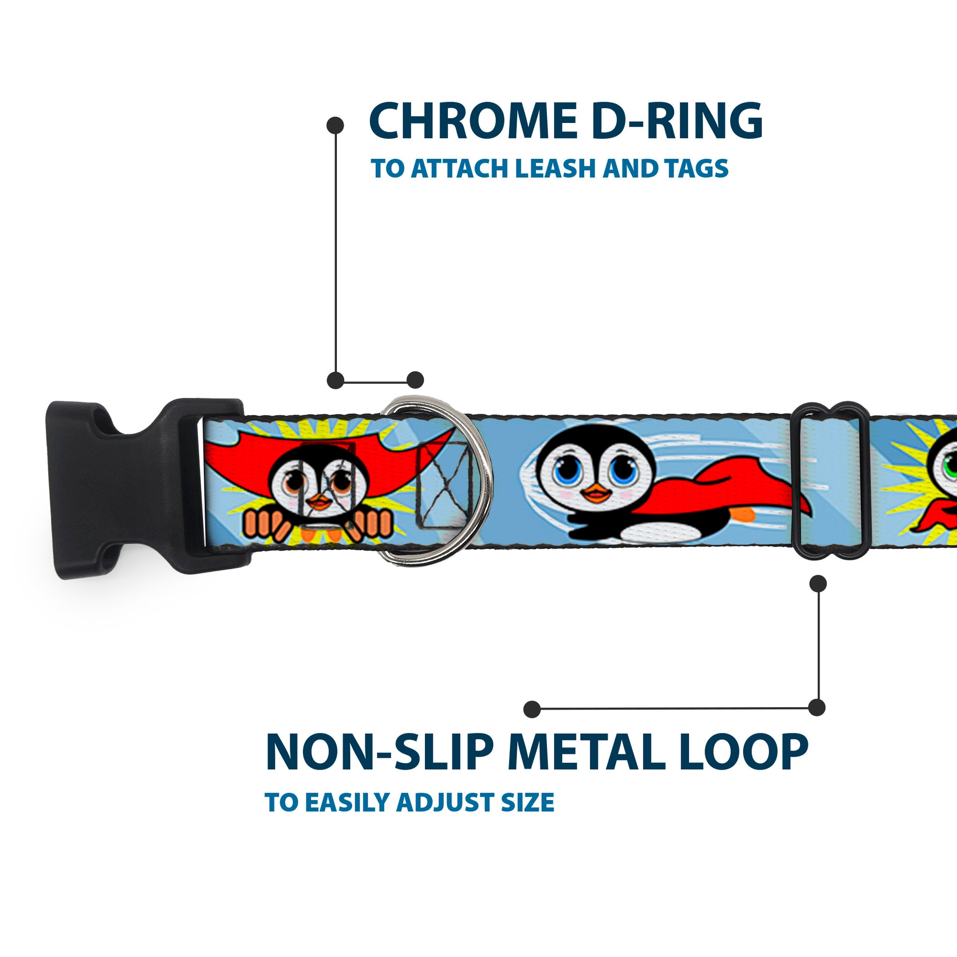 Plastic Clip Collar - Penguin Superhero Blue Bubbles Plastic Clip Collars Buckle-Down