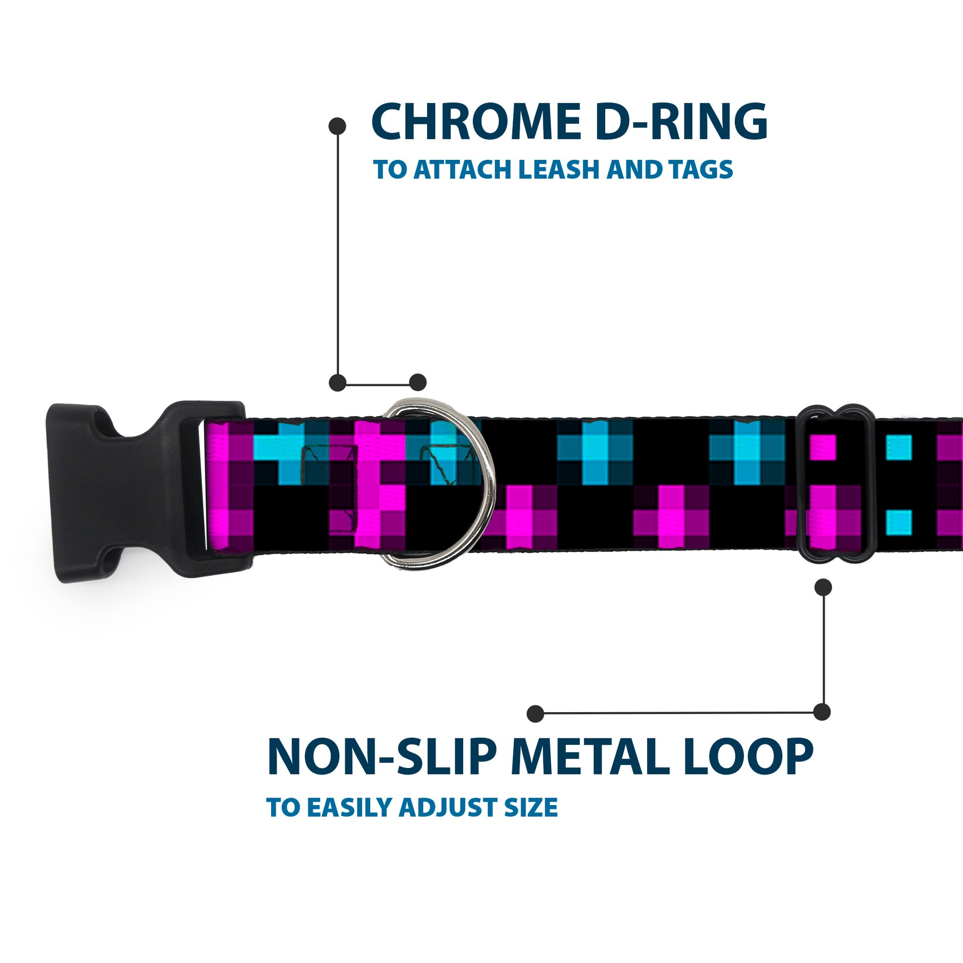 Plastic Clip Collar - Pixilated Checker Black/Fuchsia/Turquoise Plastic Clip Collars Buckle-Down