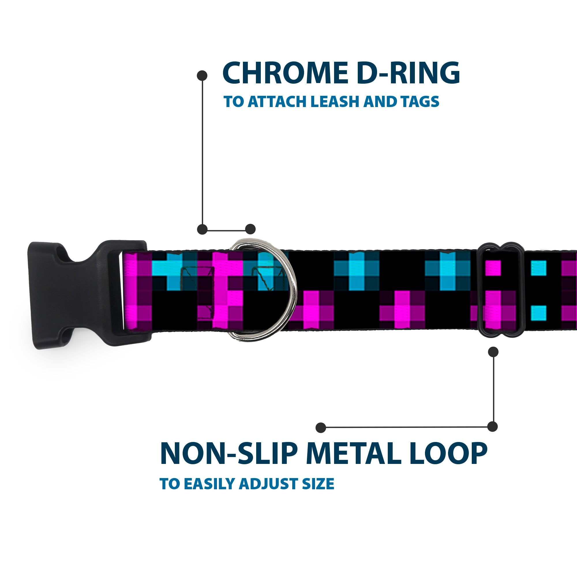 Plastic Clip Collar - Pixilated Checker Black/Fuchsia/Turquoise Plastic Clip Collars Buckle-Down