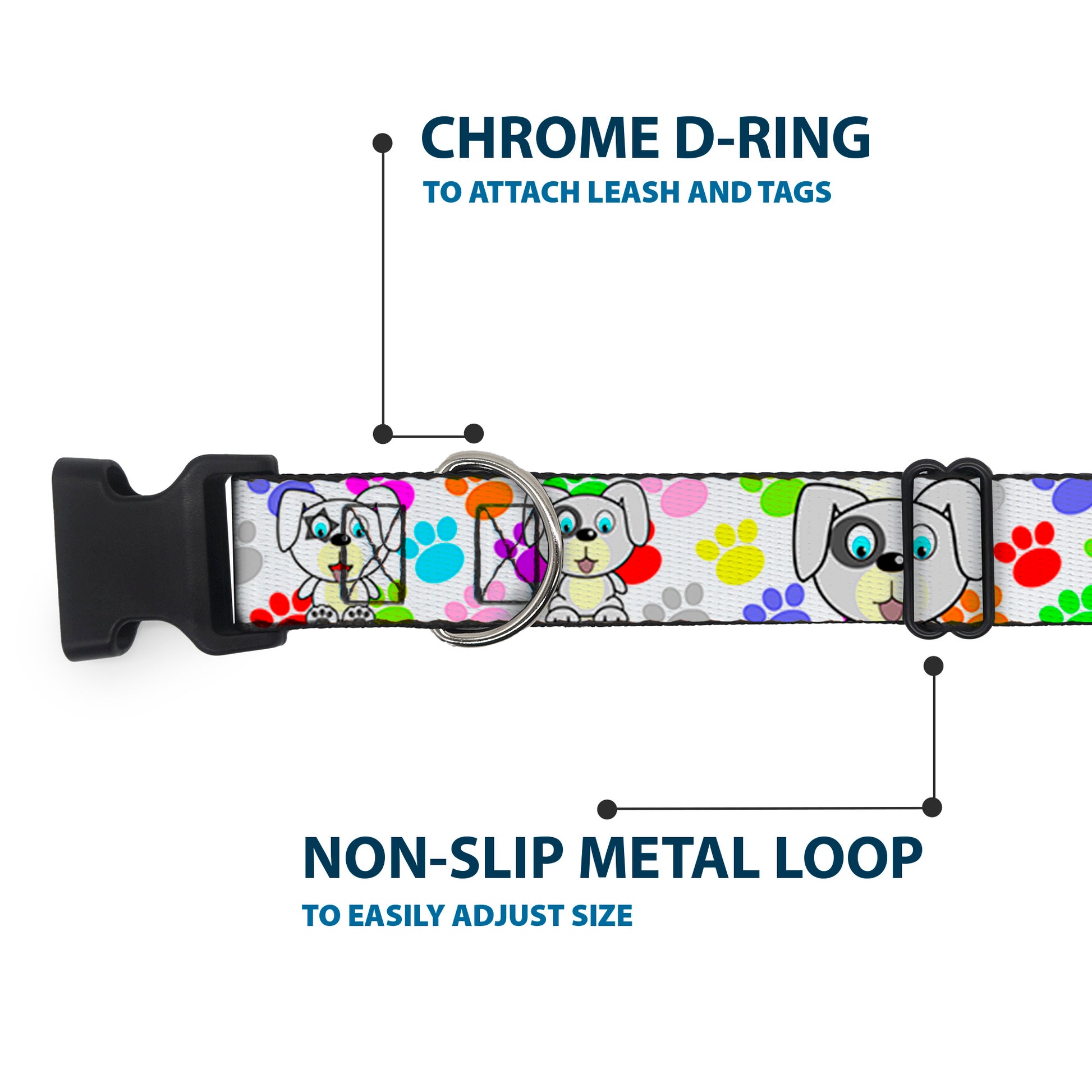 Plastic Clip Collar - Puppies w/Paw Prints White/Multi Color Plastic Clip Collars Buckle-Down