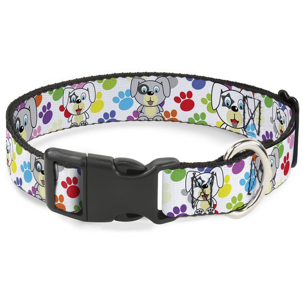 Plastic Clip Collar - Puppies w/Paw Prints White/Multi Color Plastic Clip Collars Buckle-Down