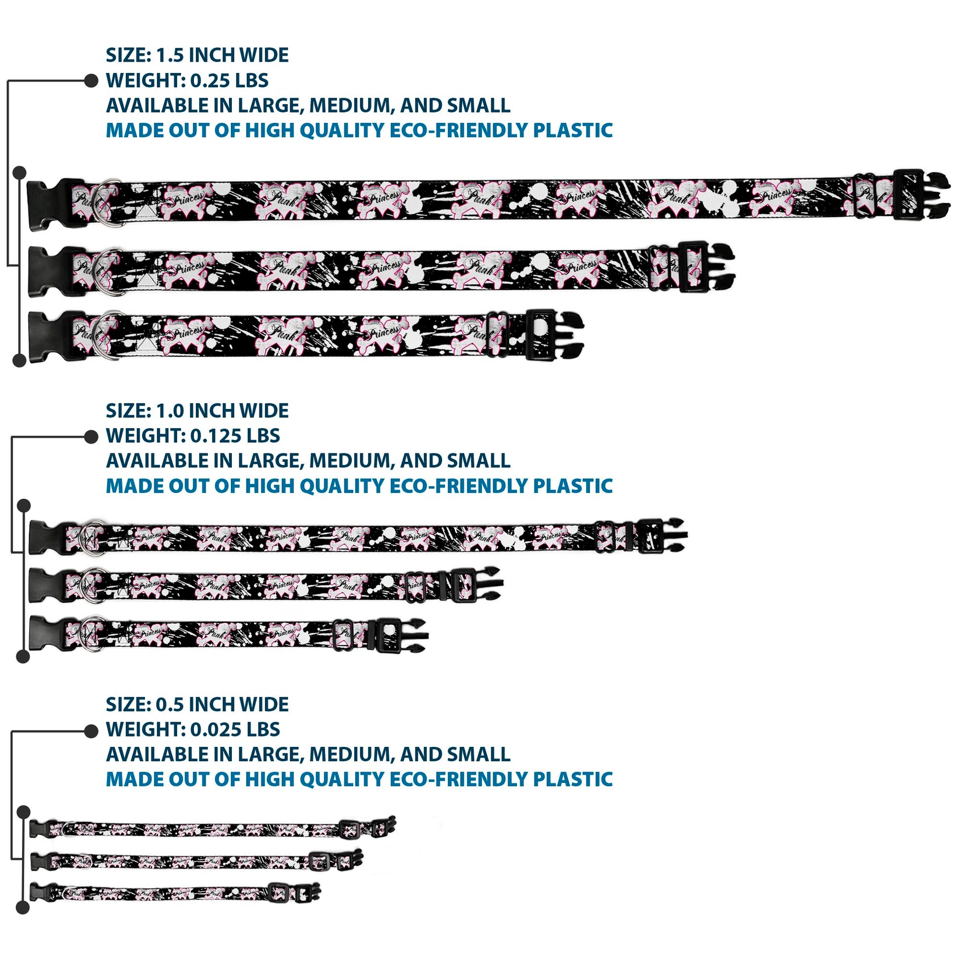 Plastic Clip Collar - Punk Princess Heart & Cross Bones w/Splatter Black/White Plastic Clip Collars Buckle-Down