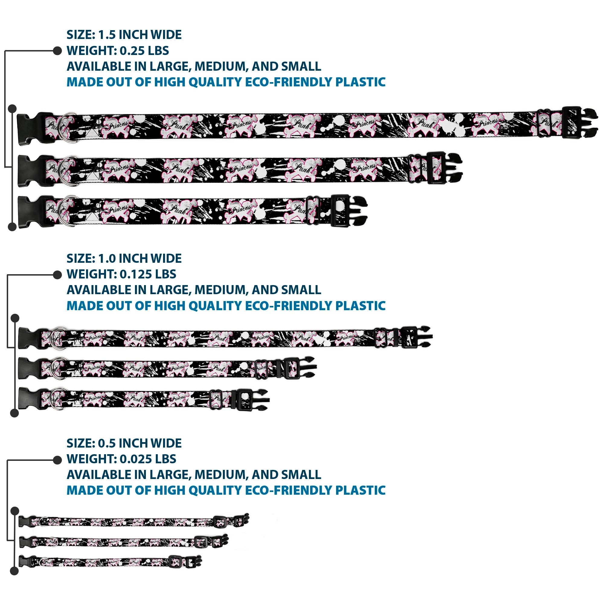 Plastic Clip Collar - Punk Princess Heart & Cross Bones w/Splatter Black/White Plastic Clip Collars Buckle-Down