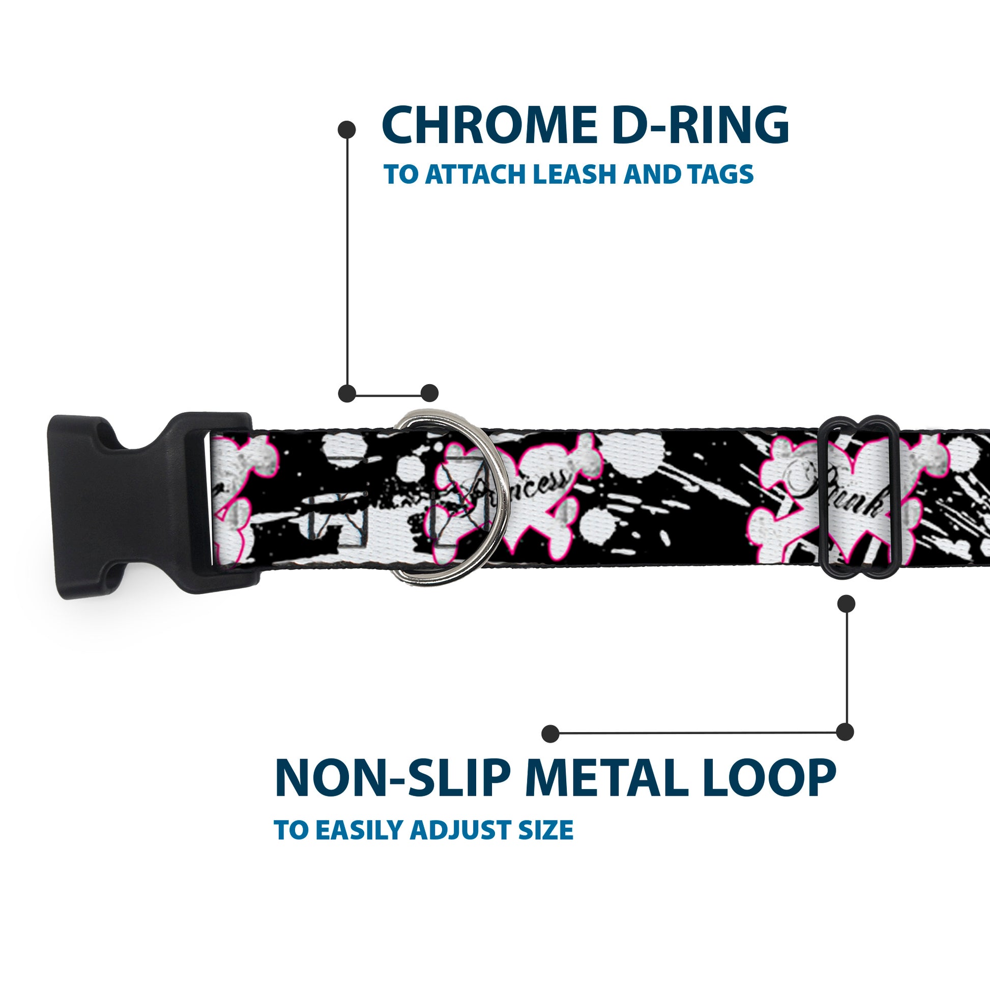 Plastic Clip Collar - Punk Princess Heart & Cross Bones w/Splatter Black/White Plastic Clip Collars Buckle-Down