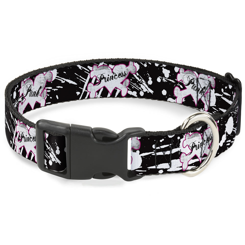 Plastic Clip Collar - Punk Princess Heart & Cross Bones w/Splatter Black/White Plastic Clip Collars Buckle-Down