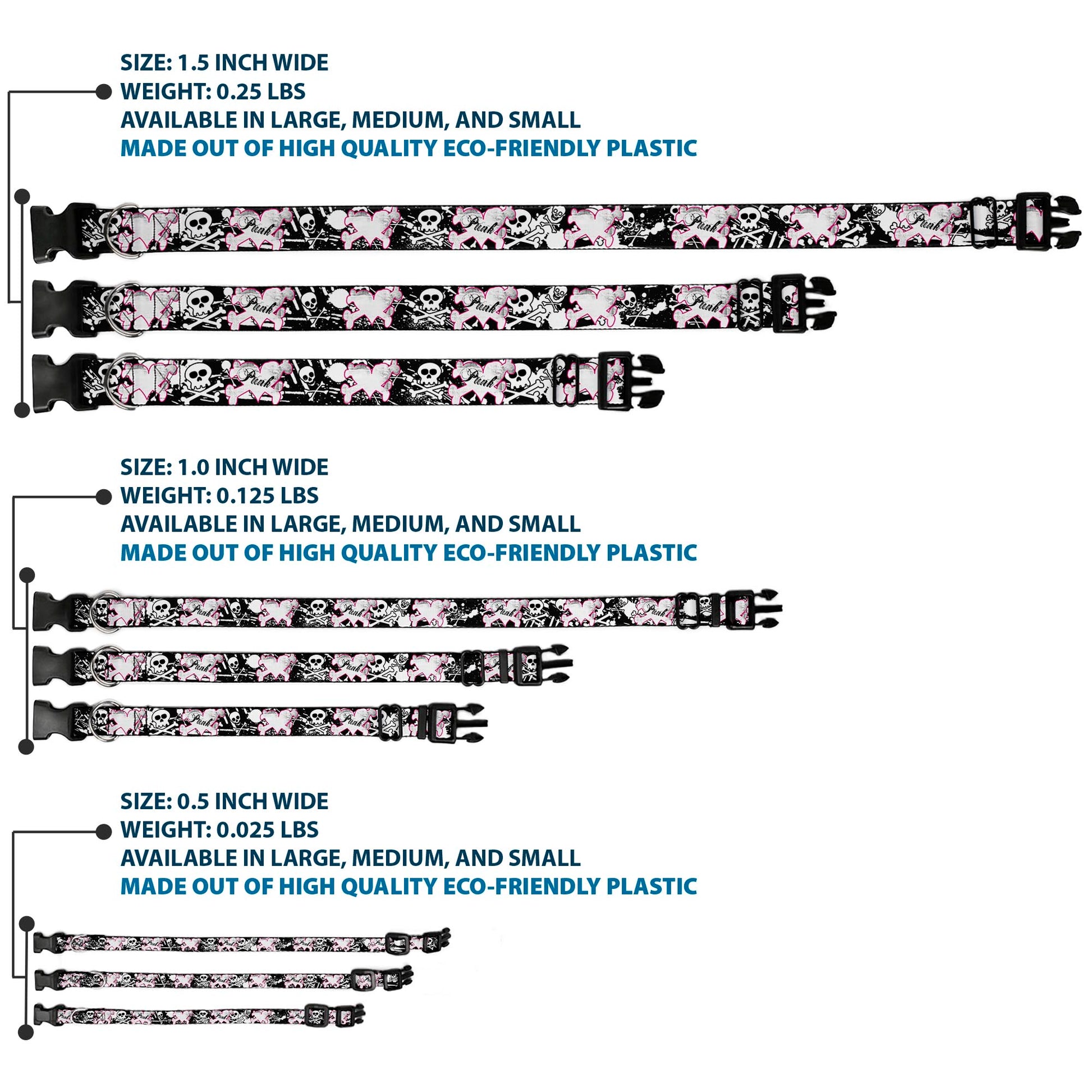 Plastic Clip Collar - Punk Heart & Cross Bones w/Skulls & Splatter Black/White Plastic Clip Collars Buckle-Down