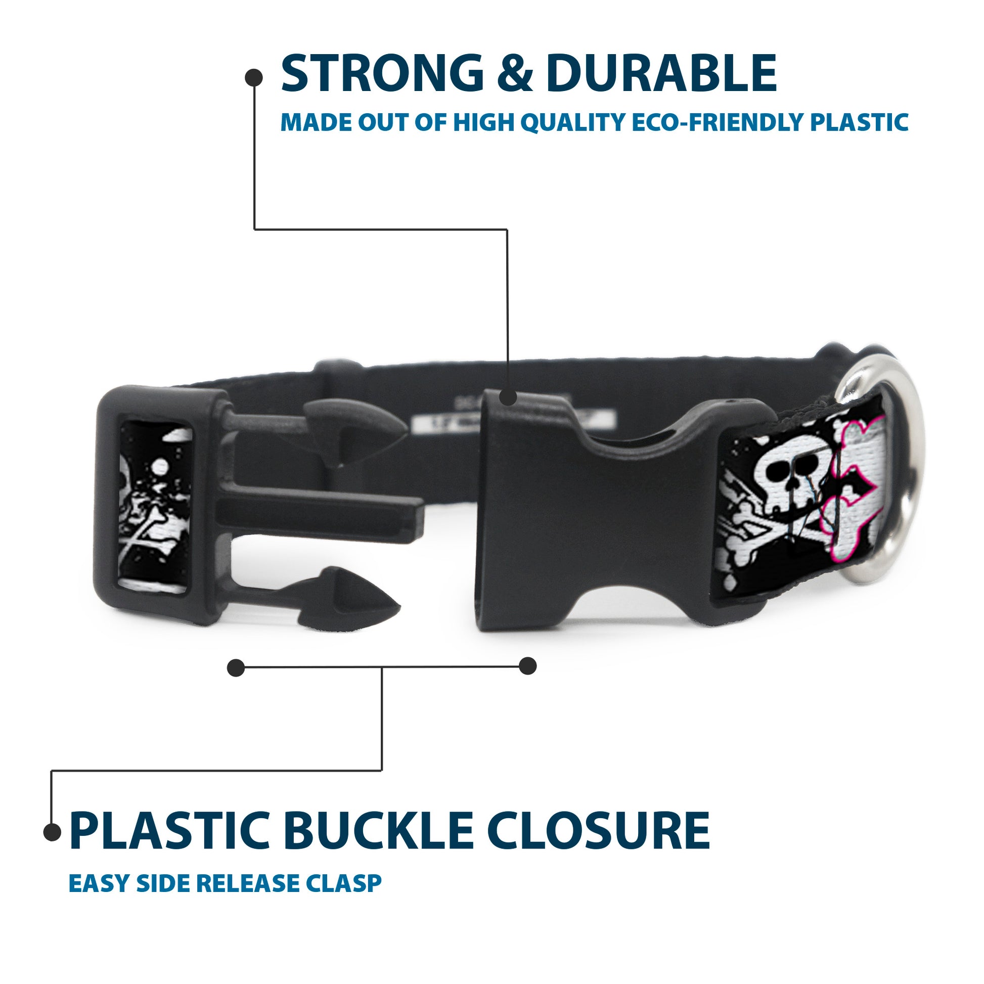 Plastic Clip Collar - Punk Heart & Cross Bones w/Skulls & Splatter Black/White Plastic Clip Collars Buckle-Down