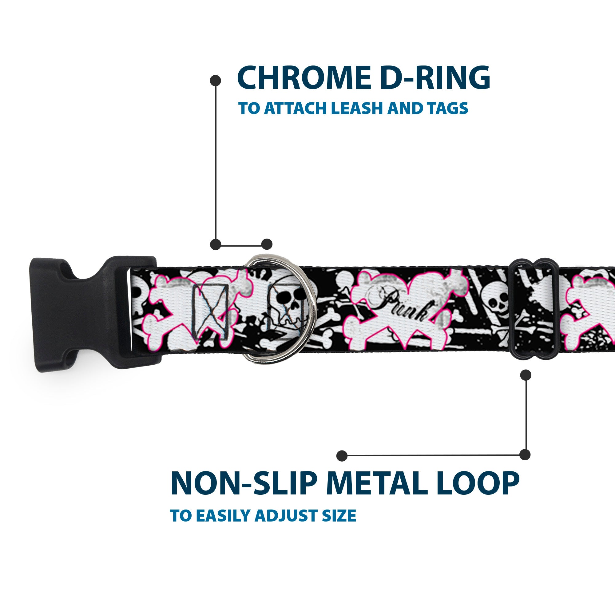 Plastic Clip Collar - Punk Heart & Cross Bones w/Skulls & Splatter Black/White Plastic Clip Collars Buckle-Down
