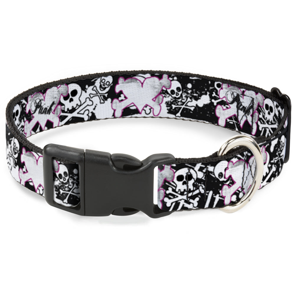 Plastic Clip Collar - Punk Heart & Cross Bones w/Skulls & Splatter Black/White Plastic Clip Collars Buckle-Down