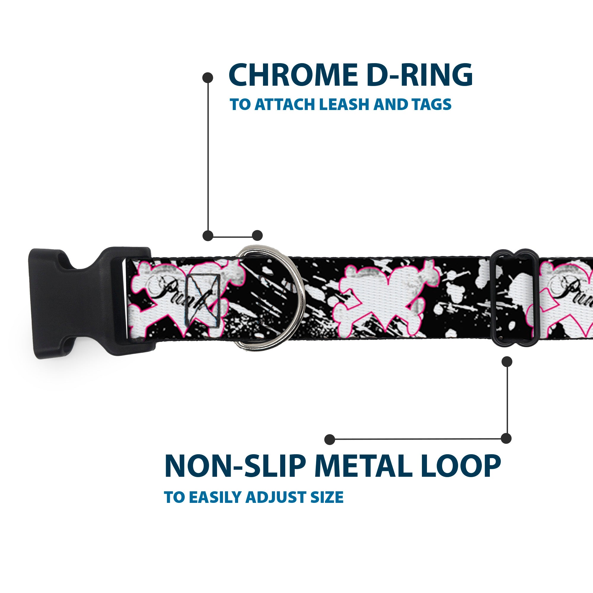 Plastic Clip Collar - Punk Heart & Cross Bones w/Splatter Black/White Plastic Clip Collars Buckle-Down