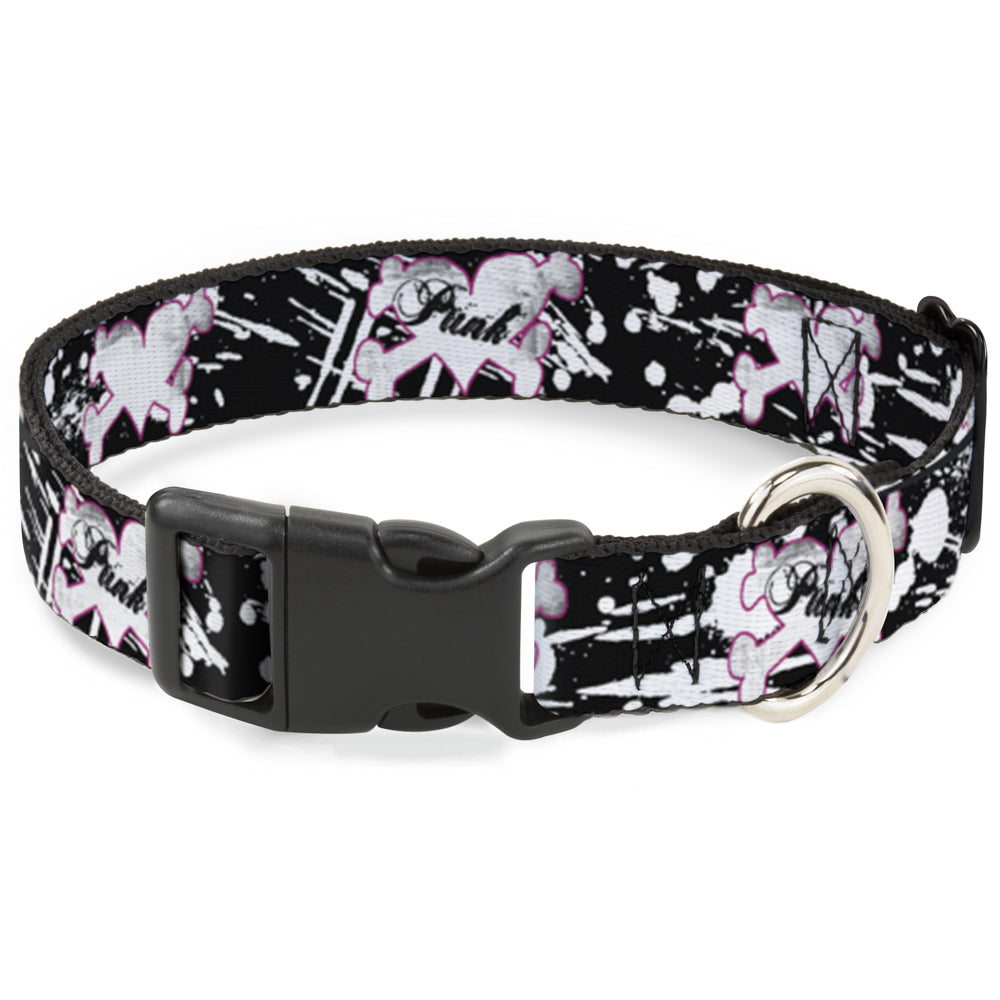 Plastic Clip Collar - Punk Heart & Cross Bones w/Splatter Black/White Plastic Clip Collars Buckle-Down