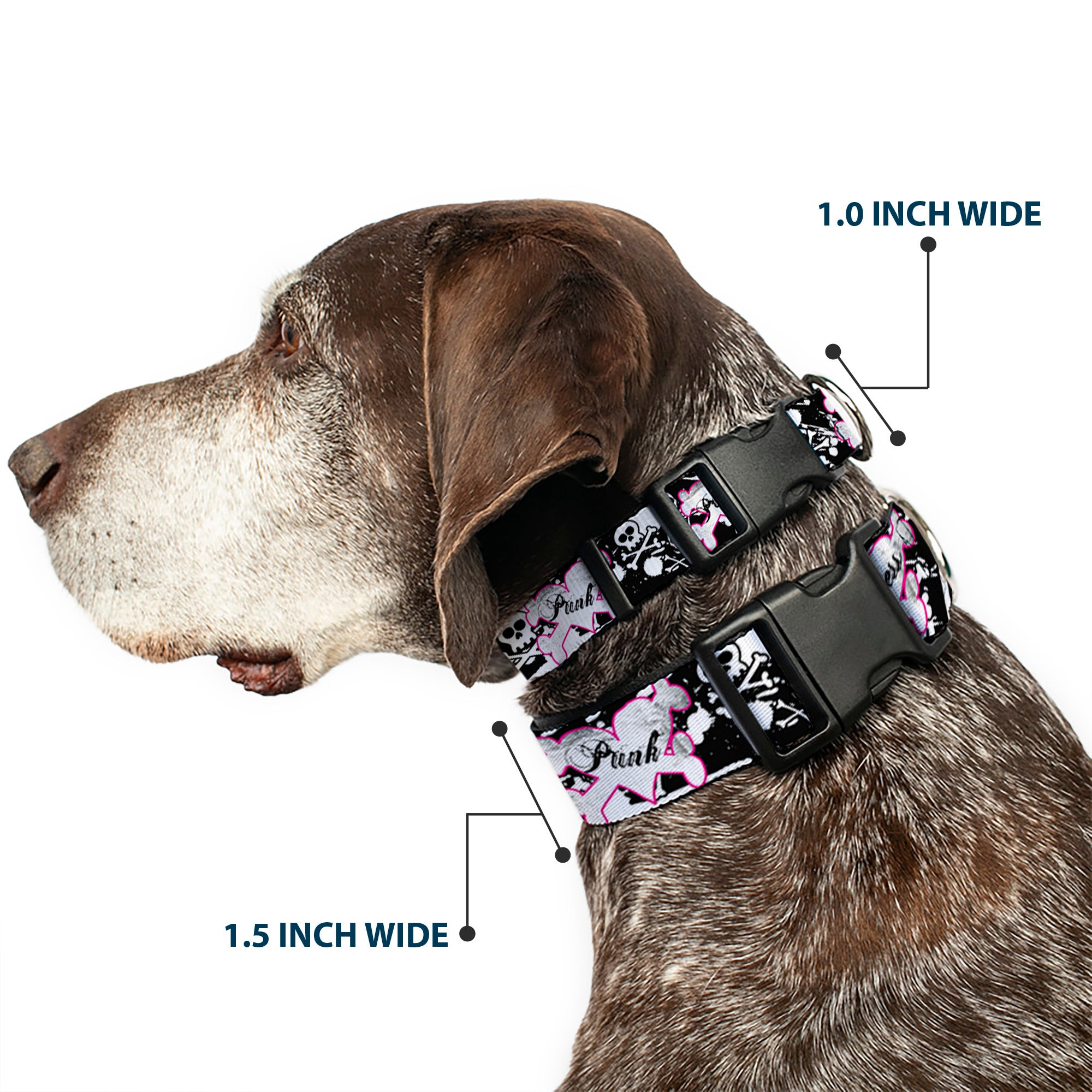 Plastic Clip Collar - Punk Princess Heart & Cross Bones w/Skulls & Splatter Black/White Plastic Clip Collars Buckle-Down