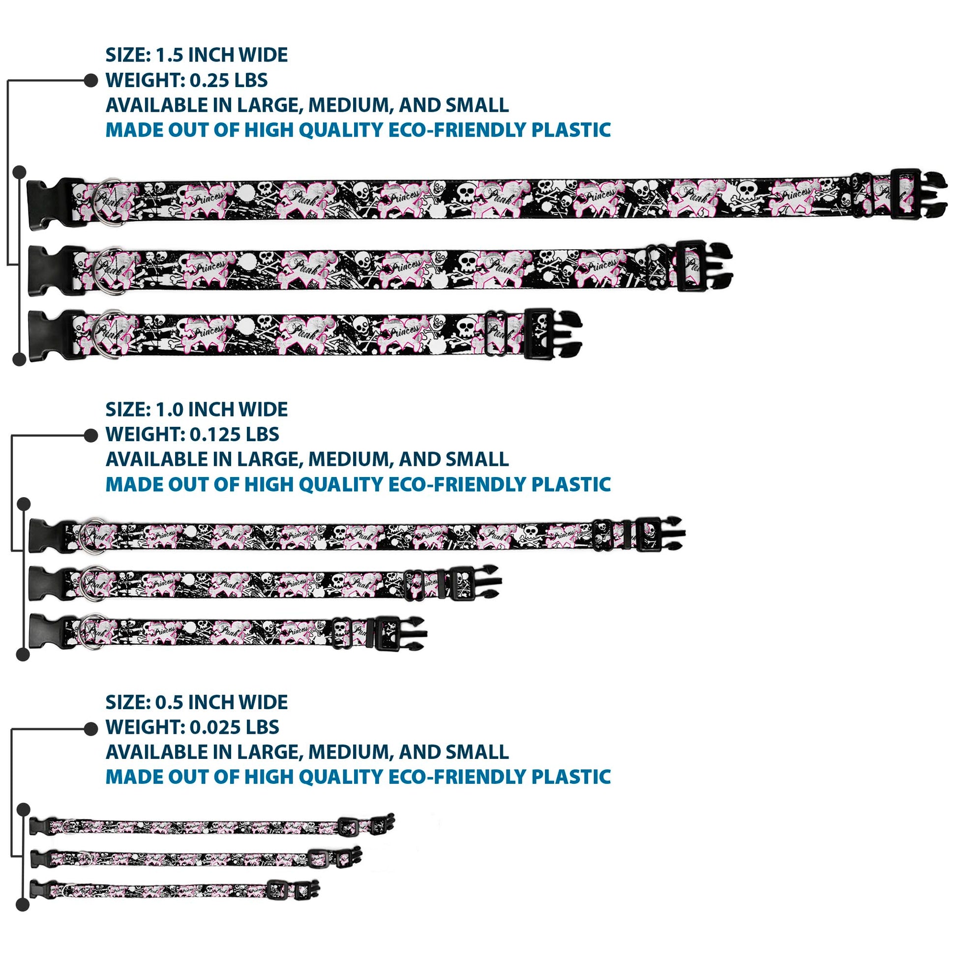 Plastic Clip Collar - Punk Princess Heart & Cross Bones w/Skulls & Splatter Black/White Plastic Clip Collars Buckle-Down