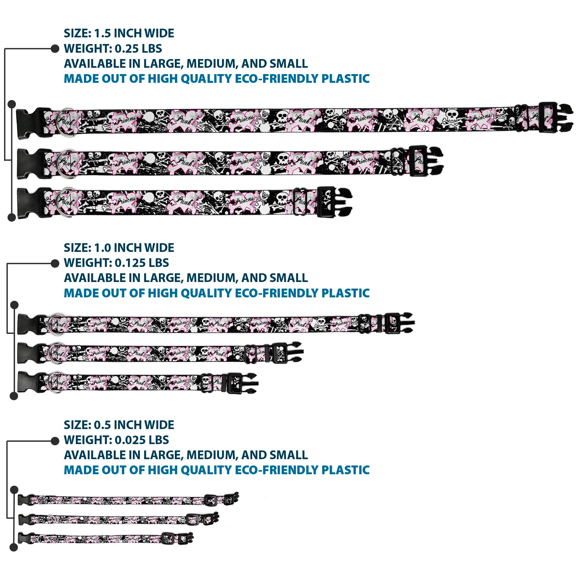 Plastic Clip Collar - Punk Princess Heart & Cross Bones w/Skulls & Splatter Black/White Plastic Clip Collars Buckle-Down