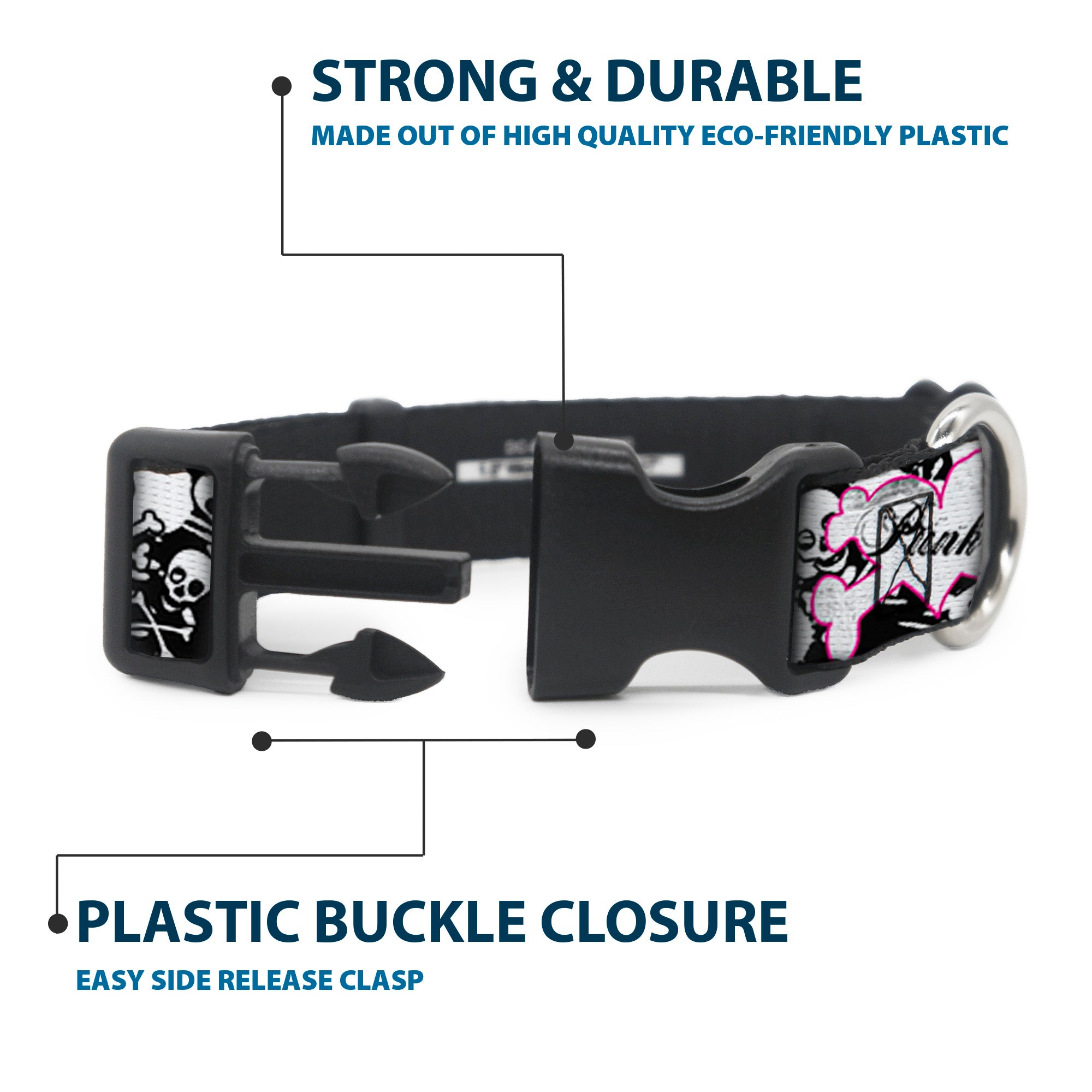 Plastic Clip Collar - Punk Princess Heart & Cross Bones w/Skulls & Splatter Black/White Plastic Clip Collars Buckle-Down