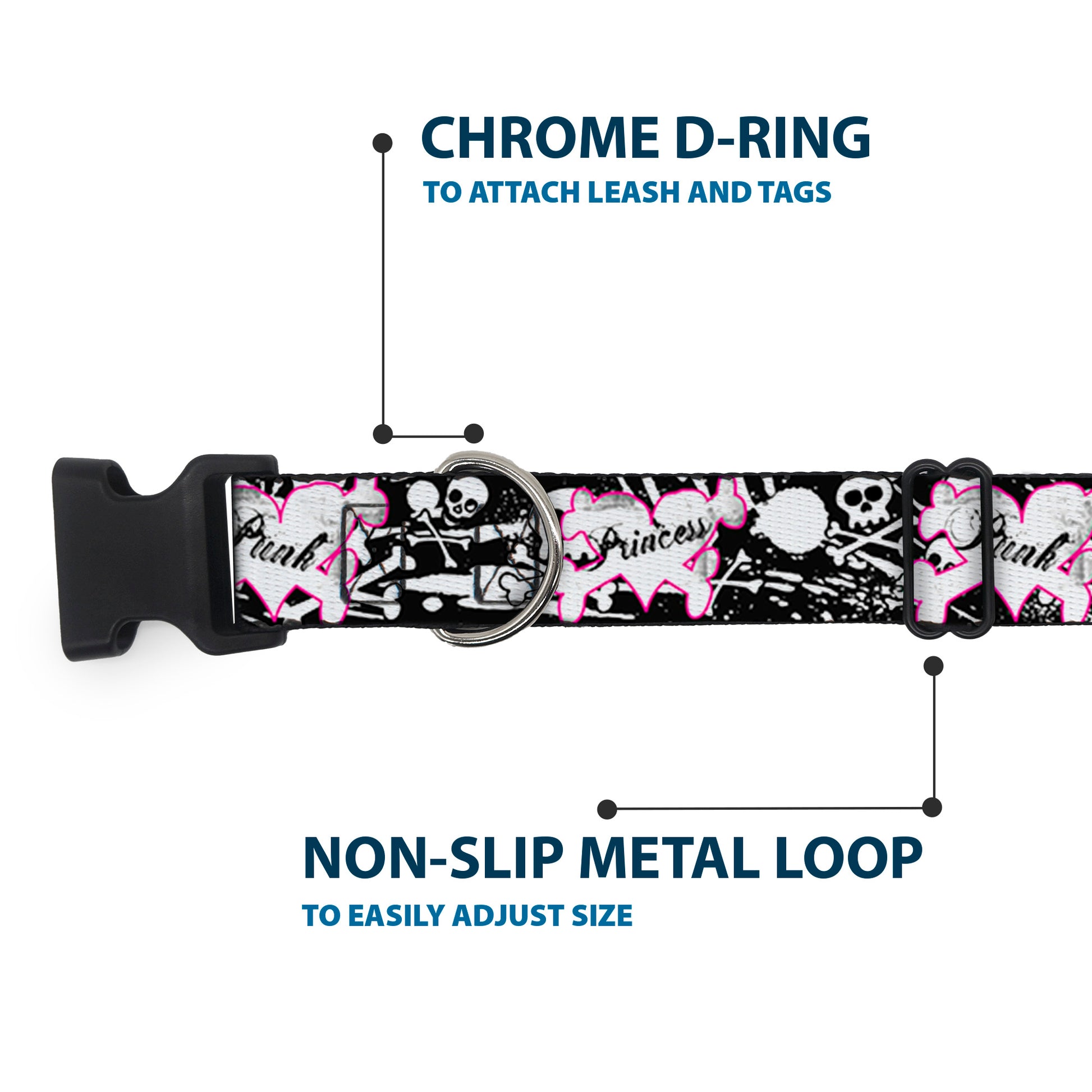 Plastic Clip Collar - Punk Princess Heart & Cross Bones w/Skulls & Splatter Black/White Plastic Clip Collars Buckle-Down