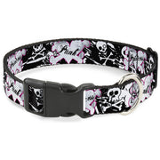Plastic Clip Collar - Punk Princess Heart & Cross Bones w/Skulls & Splatter Black/White Plastic Clip Collars Buckle-Down