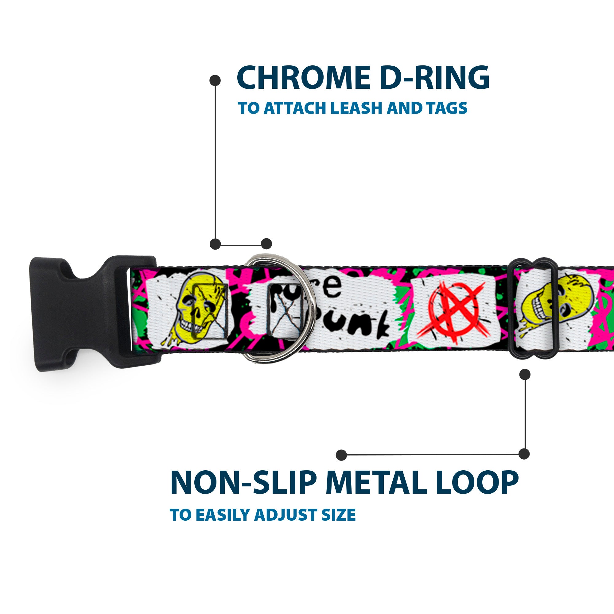 Plastic Clip Collar - Pure Punk w/Safety Pins Black/Fuchsia/White Plastic Clip Collars Buckle-Down