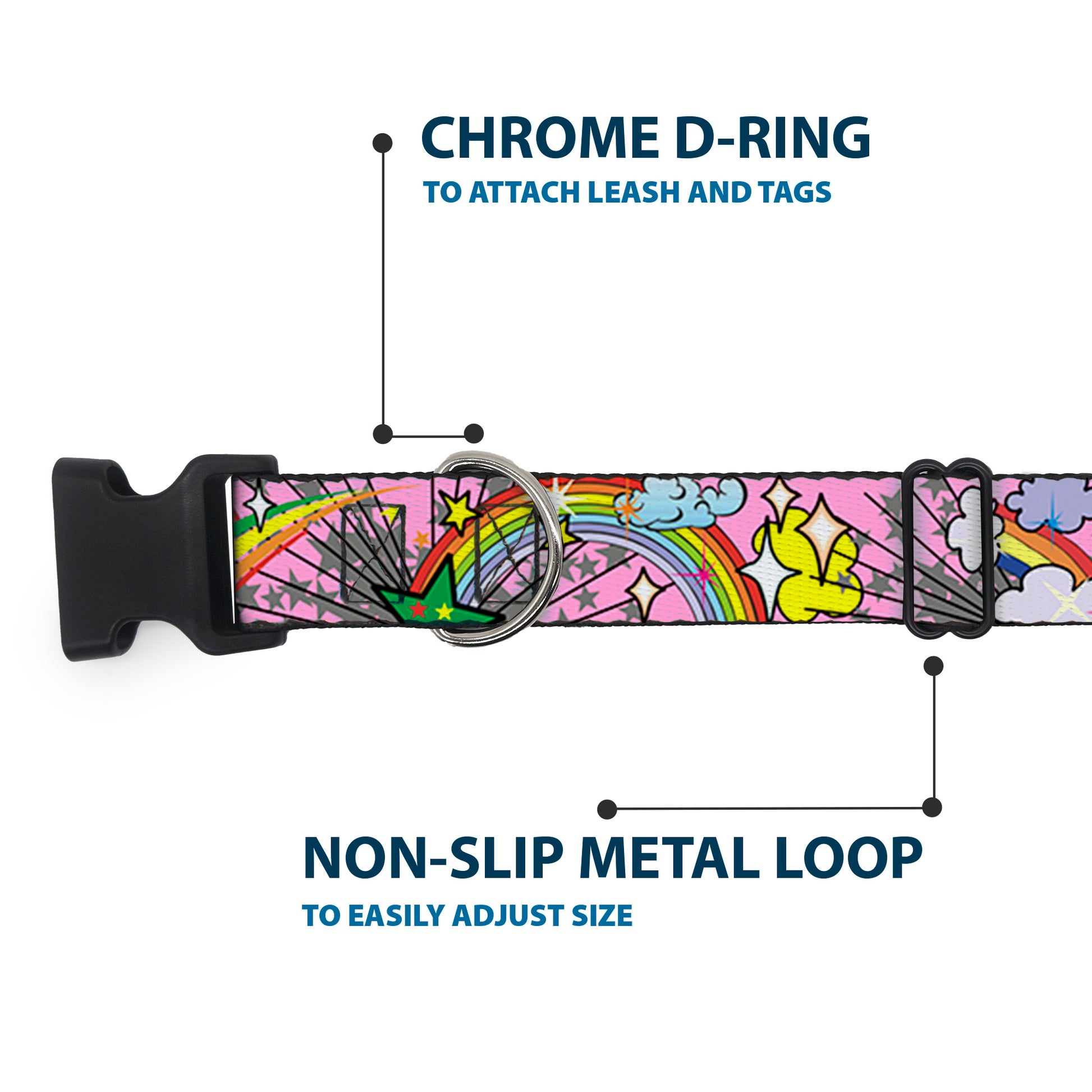 Plastic Clip Collar - Rainbow Cloud Stars Pink Plastic Clip Collars Buckle-Down