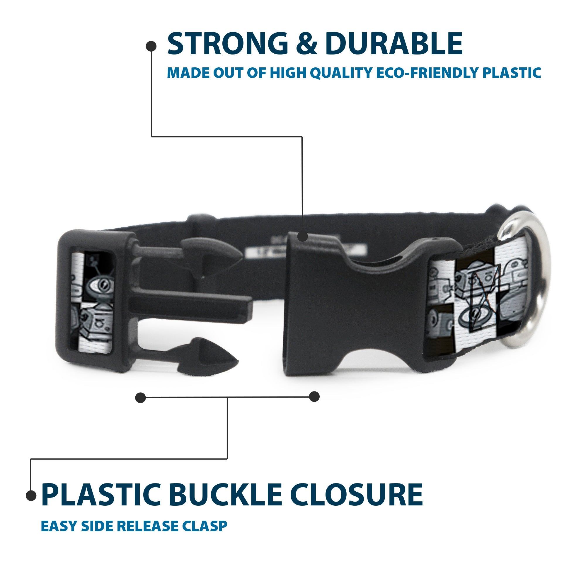 Plastic Clip Collar - Robot Heads Checkers Black/White Plastic Clip Collars Buckle-Down