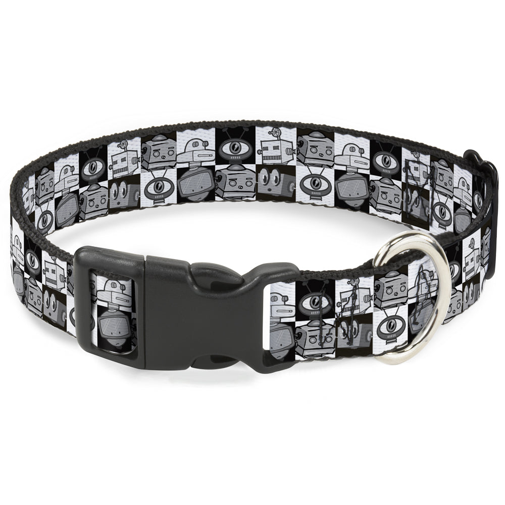 Plastic Clip Collar - Robot Heads Checkers Black/White Plastic Clip Collars Buckle-Down