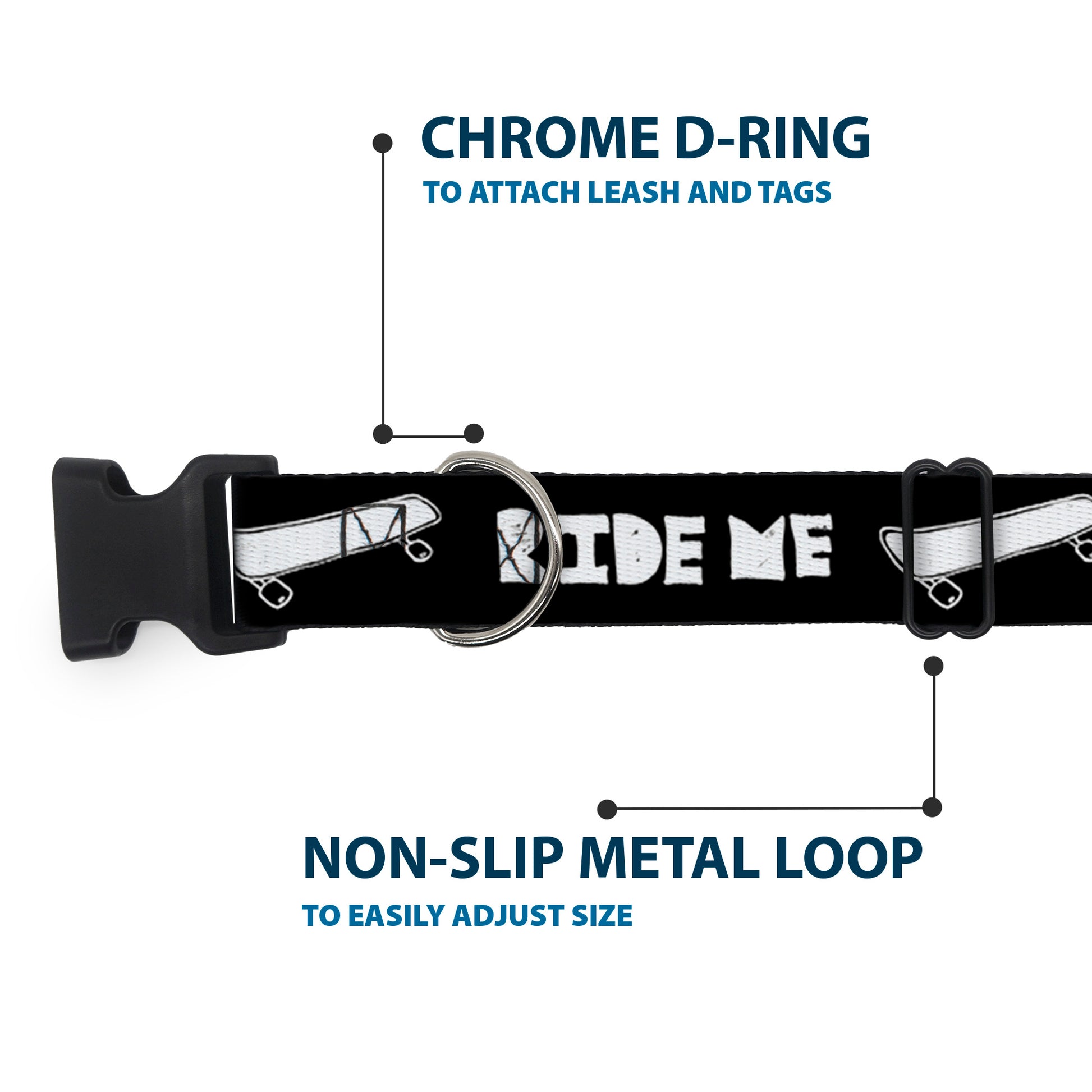 Plastic Clip Collar - RIDE ME Skateboard Black/White Plastic Clip Collars Buckle-Down