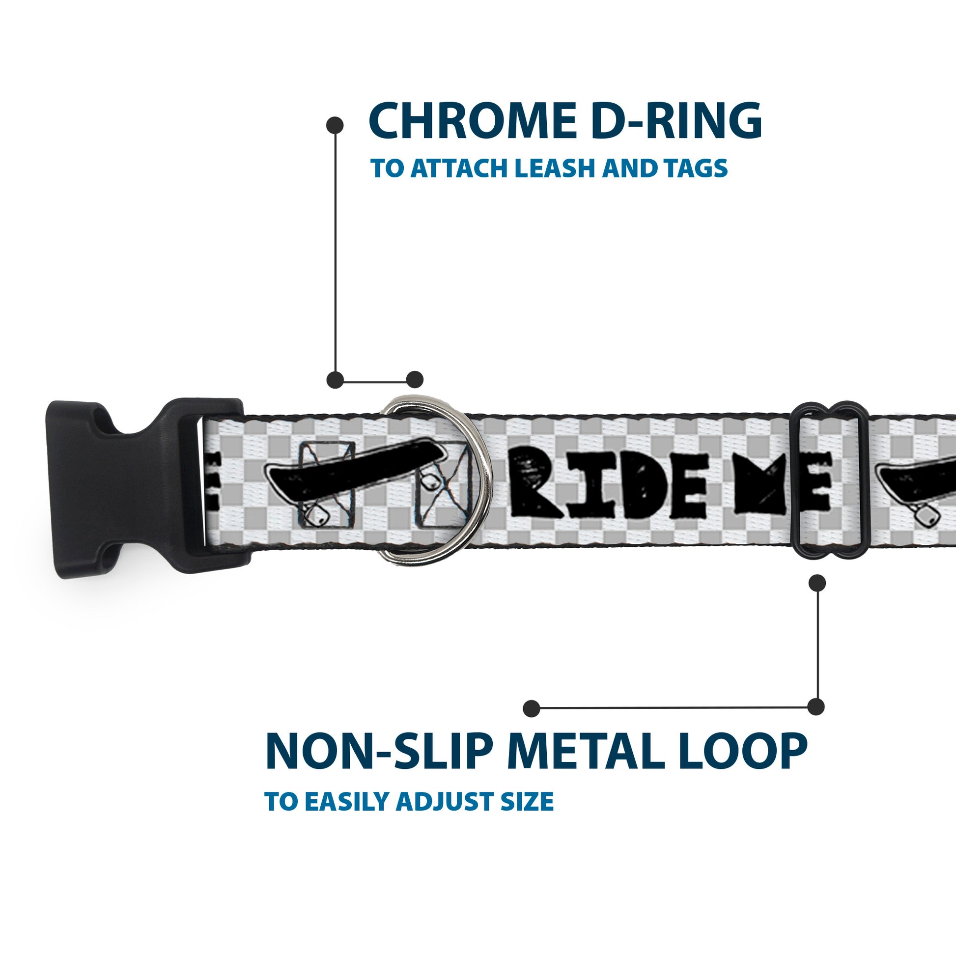 Plastic Clip Collar - RIDE ME Skateboard w/Mini Checker White/Gray/Black Plastic Clip Collars Buckle-Down