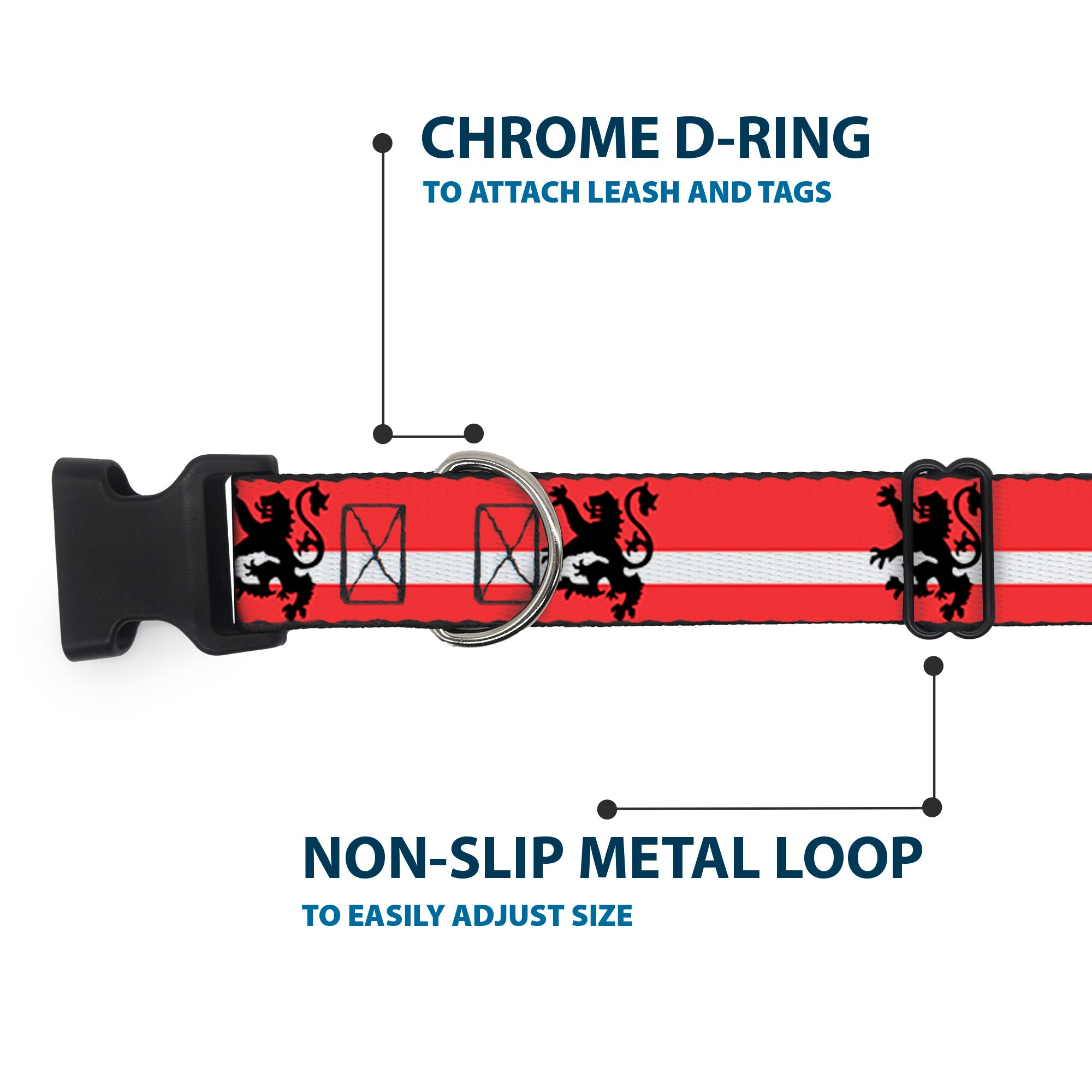 Plastic Clip Collar - Rampant Lion Repeat/Stripes Red/White/Black Plastic Clip Collars Buckle-Down