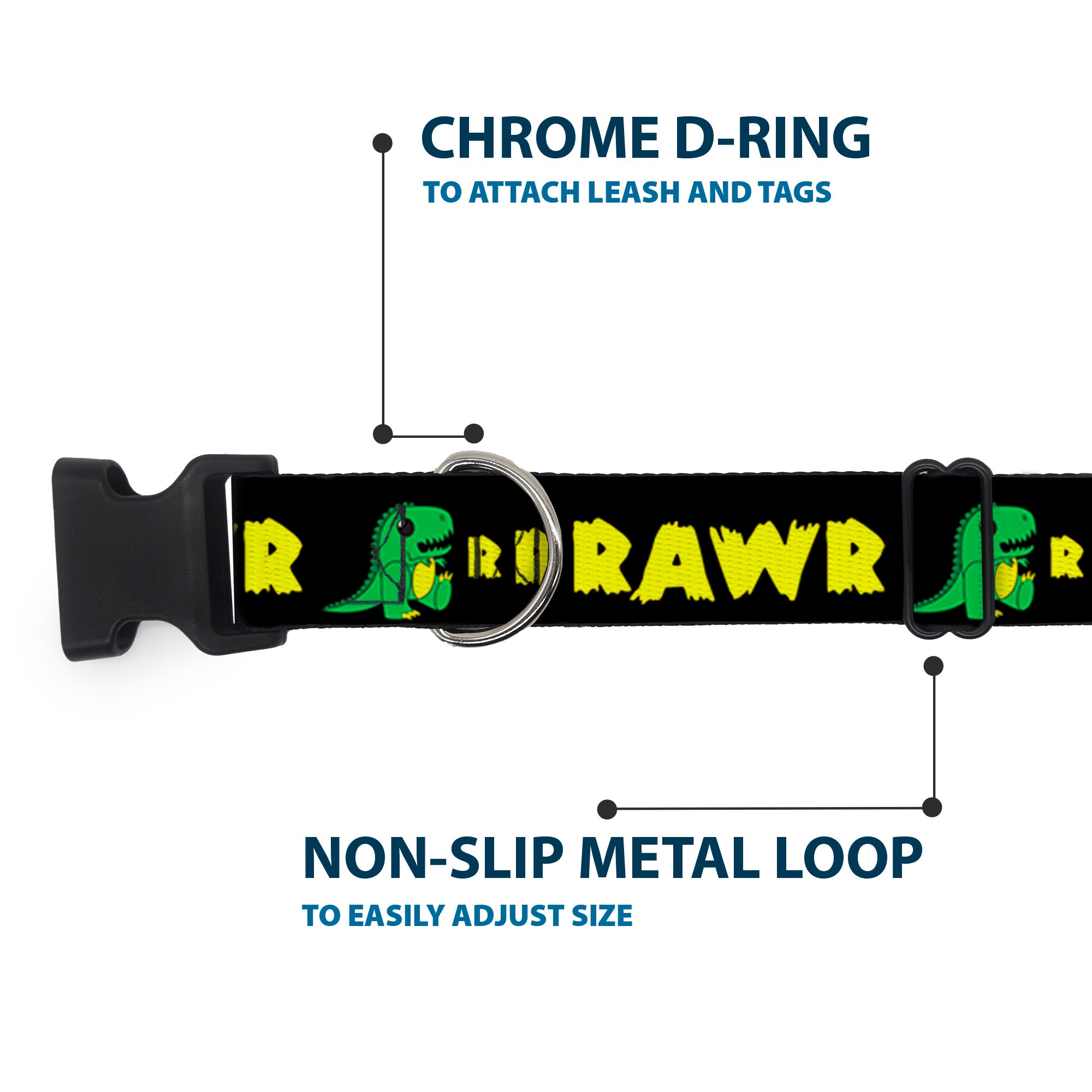 Plastic Clip Collar - RRRAWR Dinosaur Black/Green/Yellow Plastic Clip Collars Buckle-Down