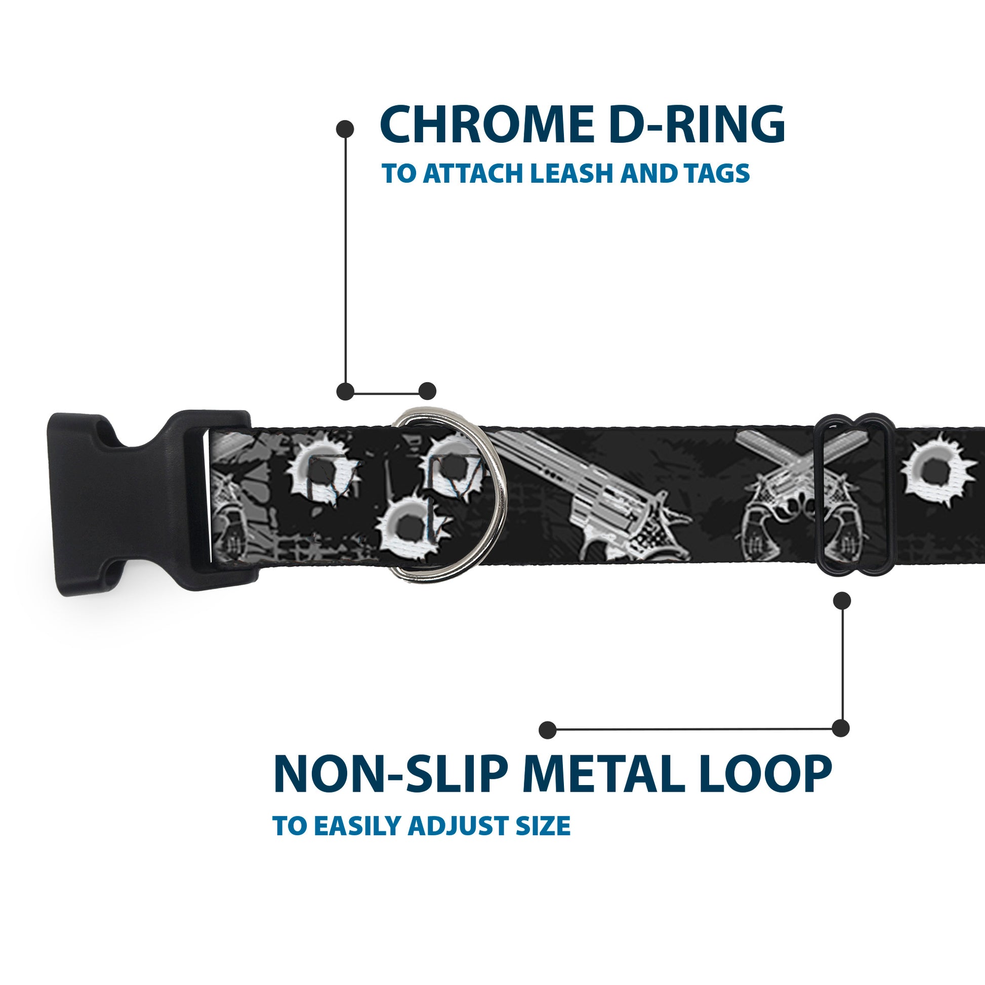 Buckle-Down Plastic Buckle Dog Collar - Revolvers Black/Gray Plastic Clip Collars Buckle-Down