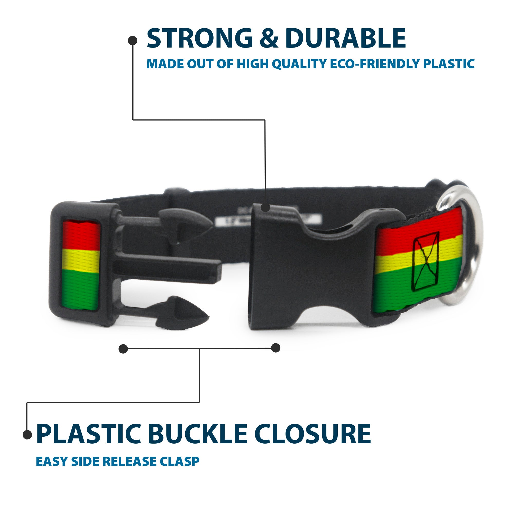 Plastic Clip Collar - Rasta Stripes Painted Green/Yellow/Red Plastic Clip Collars Buckle-Down