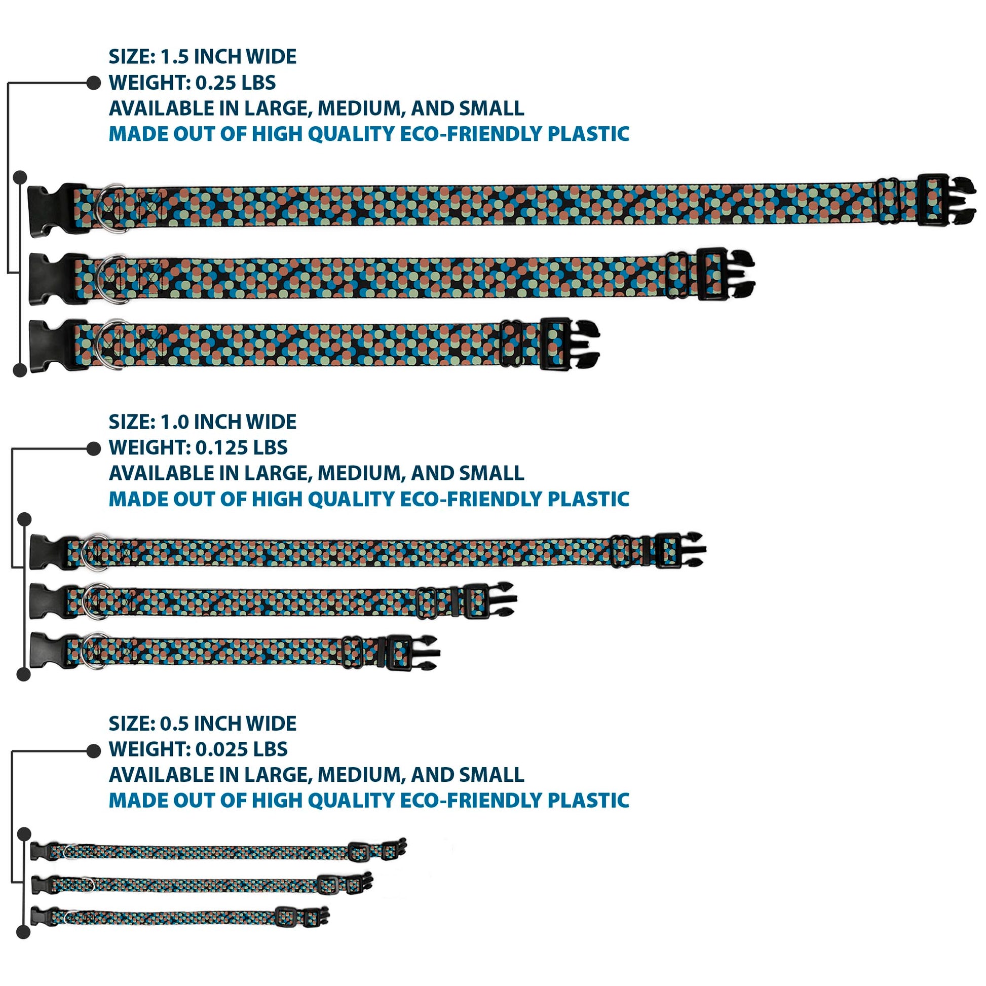 Plastic Clip Collar - Polka Dots Stacked Black/Blue/Sage/Brown Plastic Clip Collars Buckle-Down