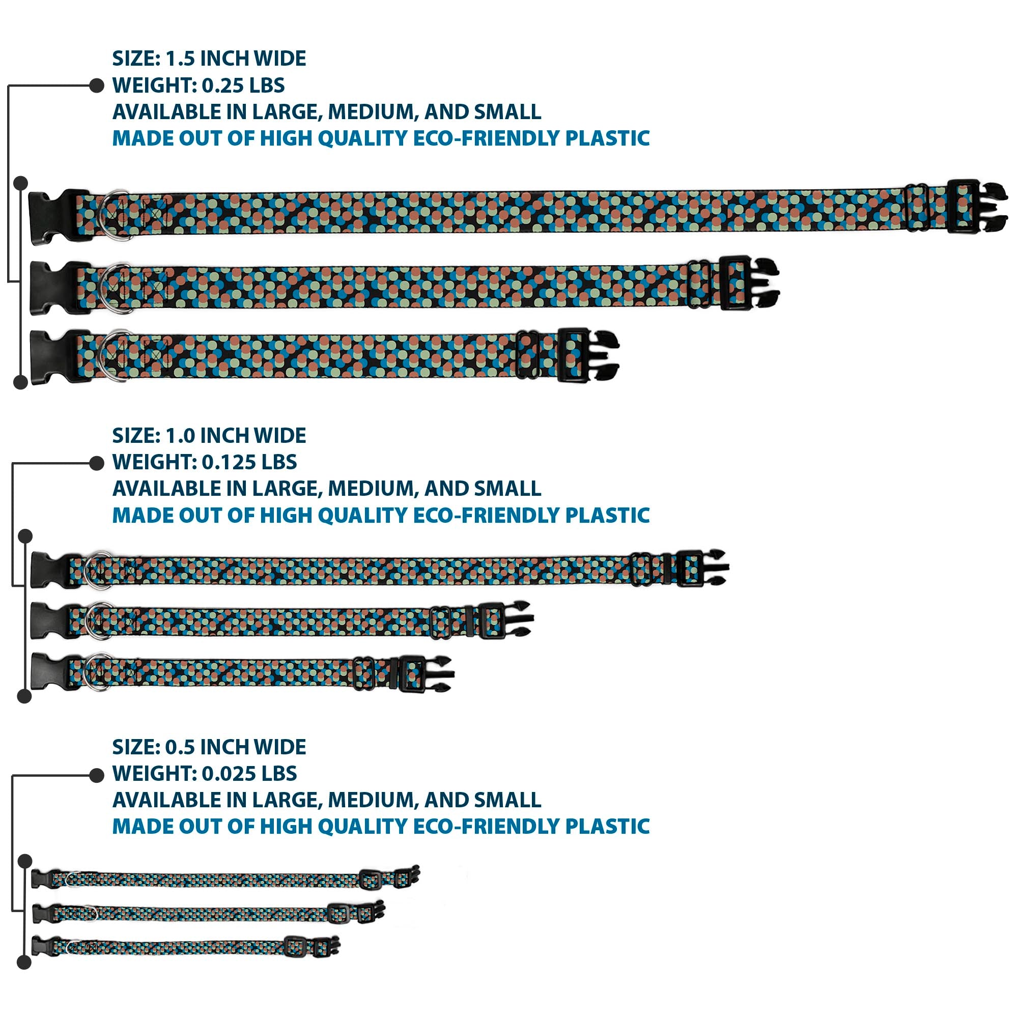 Plastic Clip Collar - Polka Dots Stacked Black/Blue/Sage/Brown Plastic Clip Collars Buckle-Down