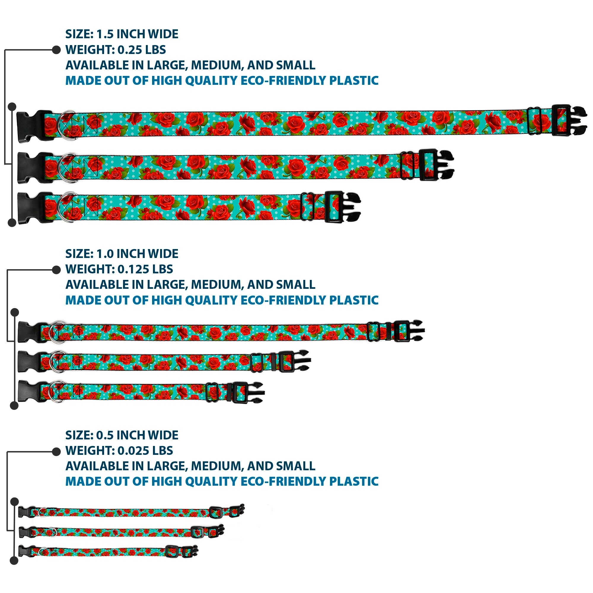 Plastic Clip Collar - Red Roses/Polka Dots Turquoise Plastic Clip Collars Buckle-Down