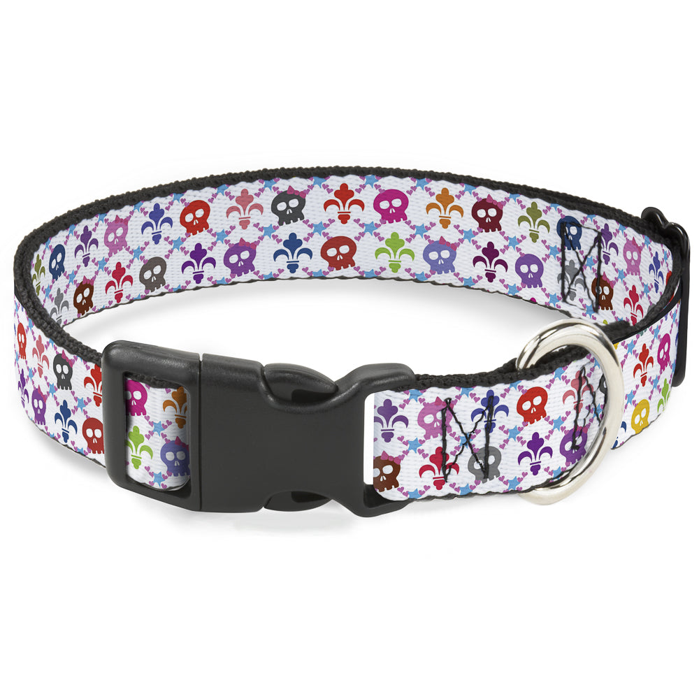 Plastic Clip Collar - Skull & Fleur-de-Lis White/Multi Color Plastic Clip Collars Buckle-Down