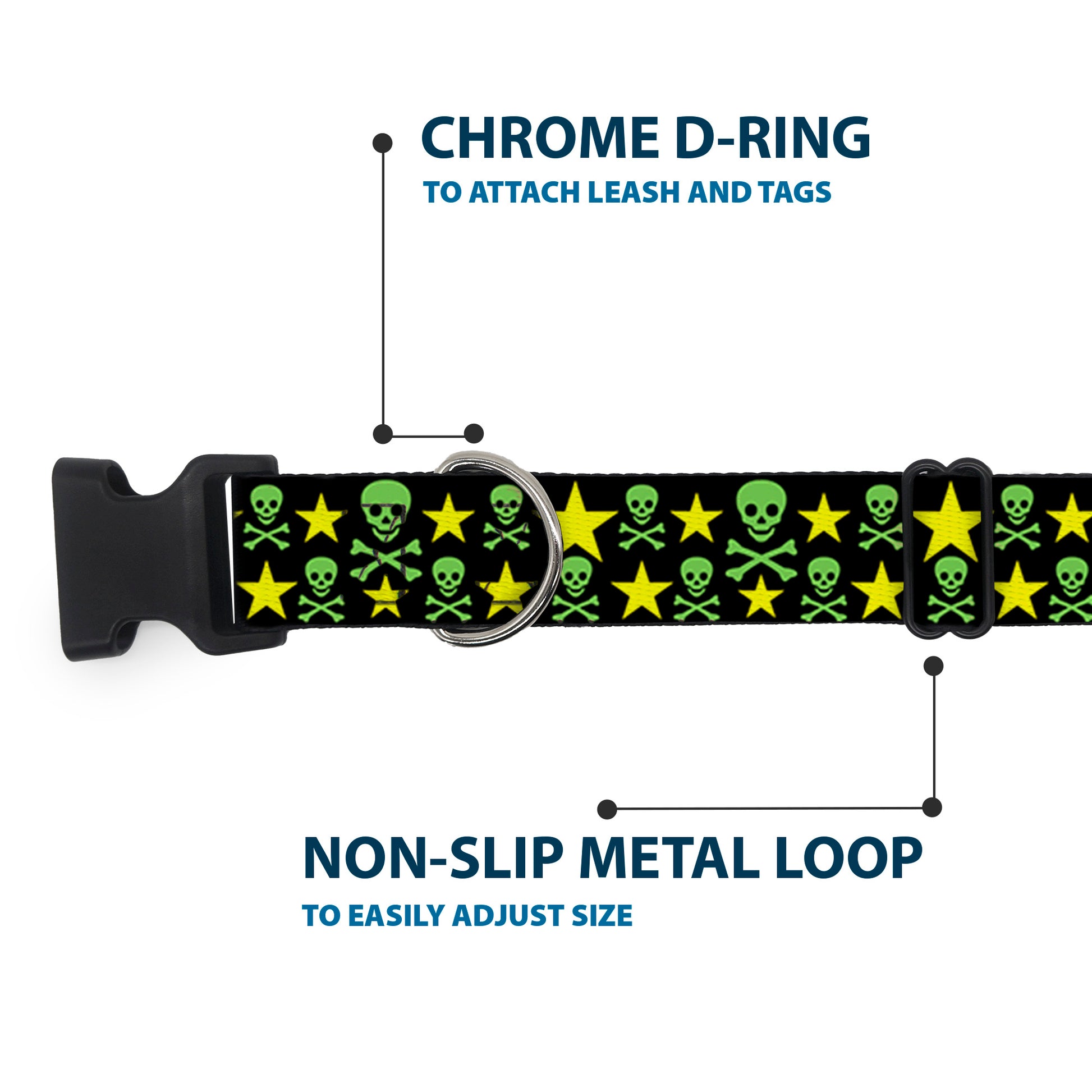 Plastic Clip Collar - Skulls & Stars Black/Green/Yellow Plastic Clip Collars Buckle-Down