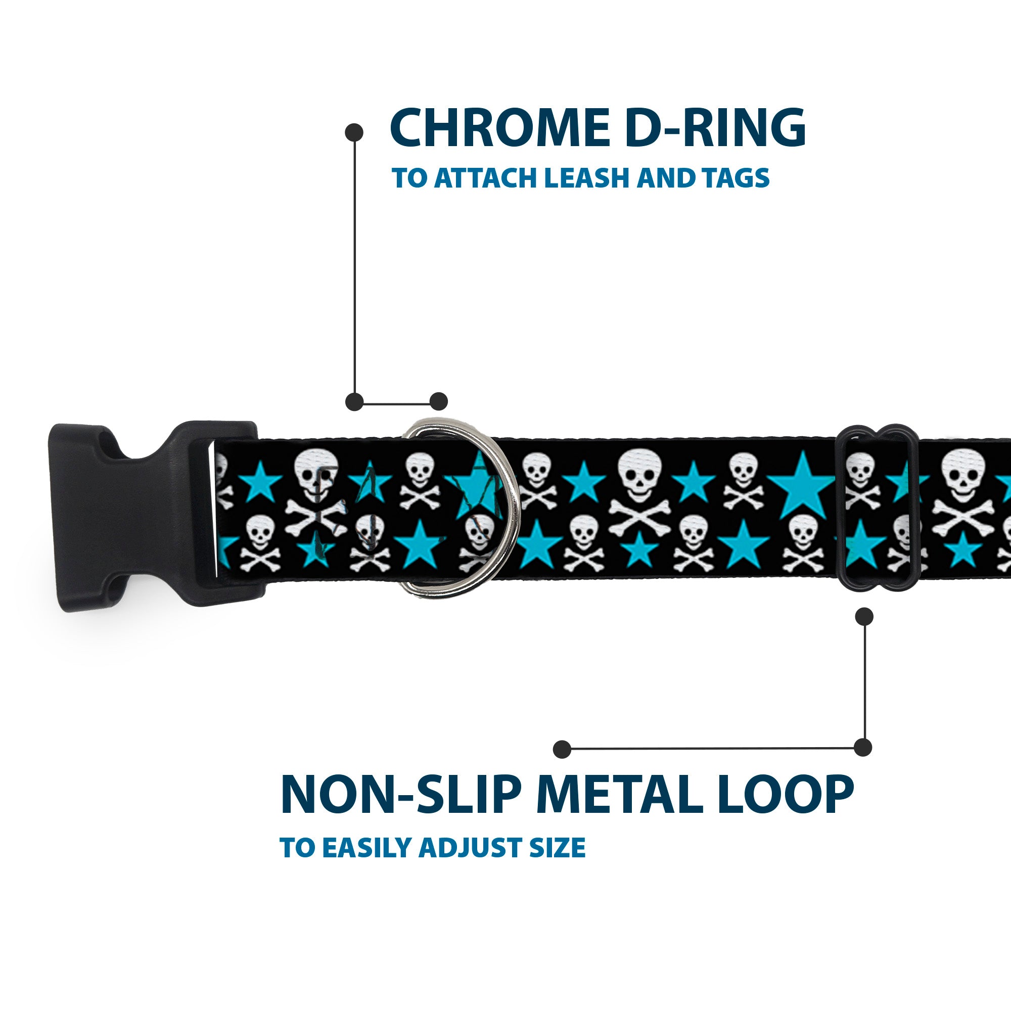 Plastic Clip Collar - Skulls & Stars Black/White/Blue Plastic Clip Collars Buckle-Down