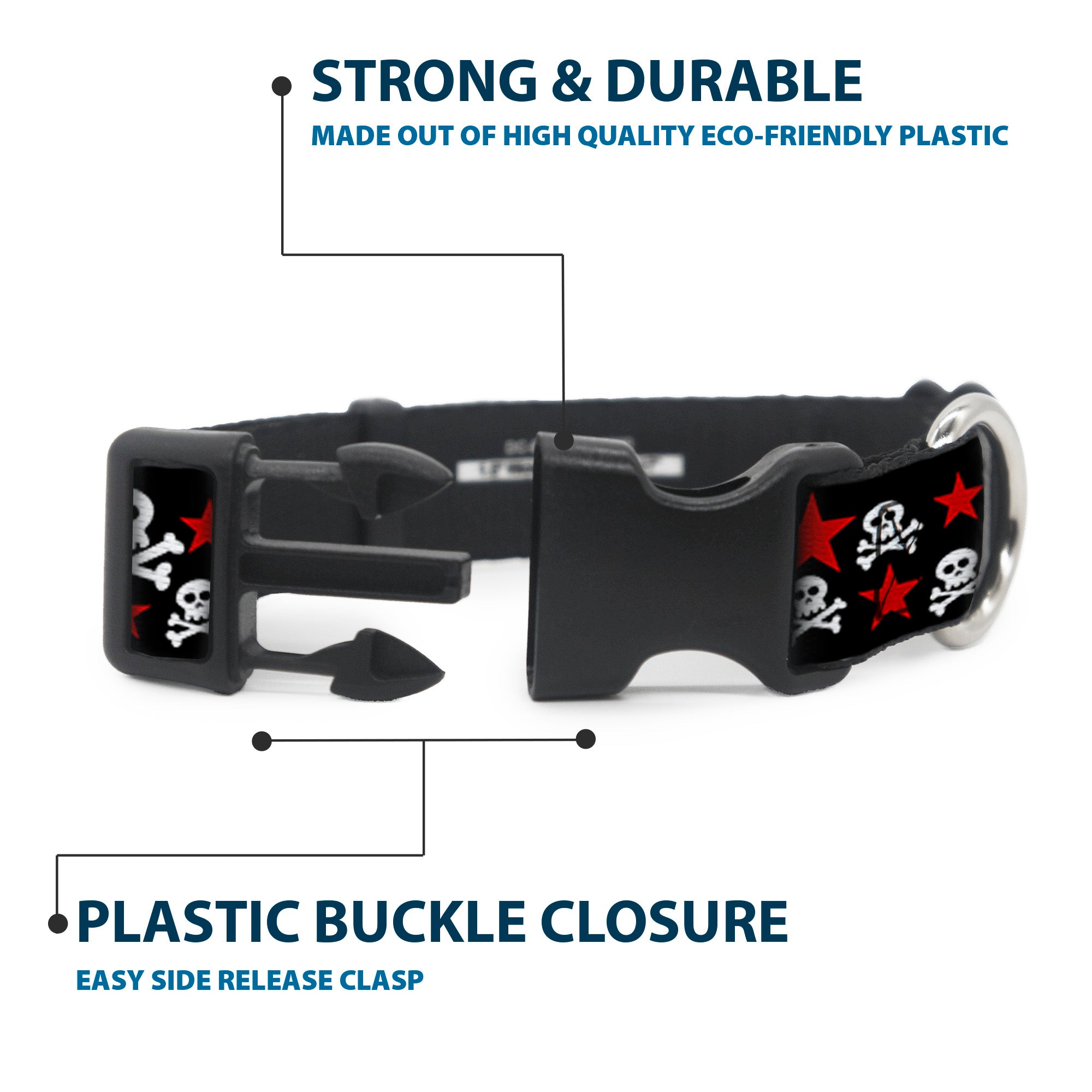 Plastic Clip Collar - Skulls & Stars Black/White/Red Plastic Clip Collars Buckle-Down