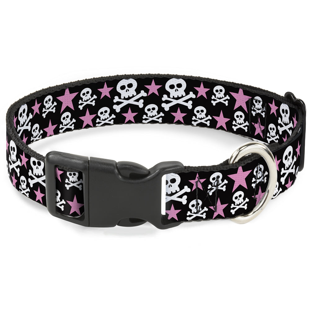 Plastic Clip Collar - Skulls & Stars Black/White/Pink Plastic Clip Collars Buckle-Down