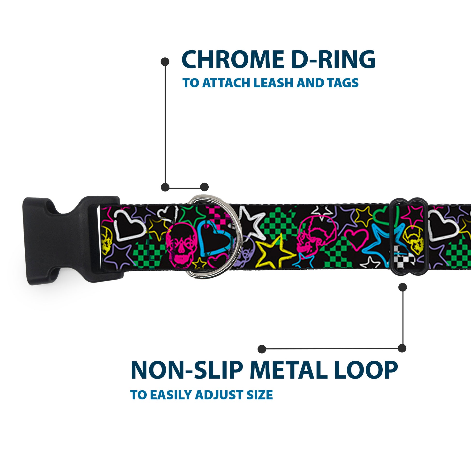 Plastic Clip Collar - Sketch Skull/Star/Heart/Checker Black/Multi Plastic Clip Collars Buckle-Down