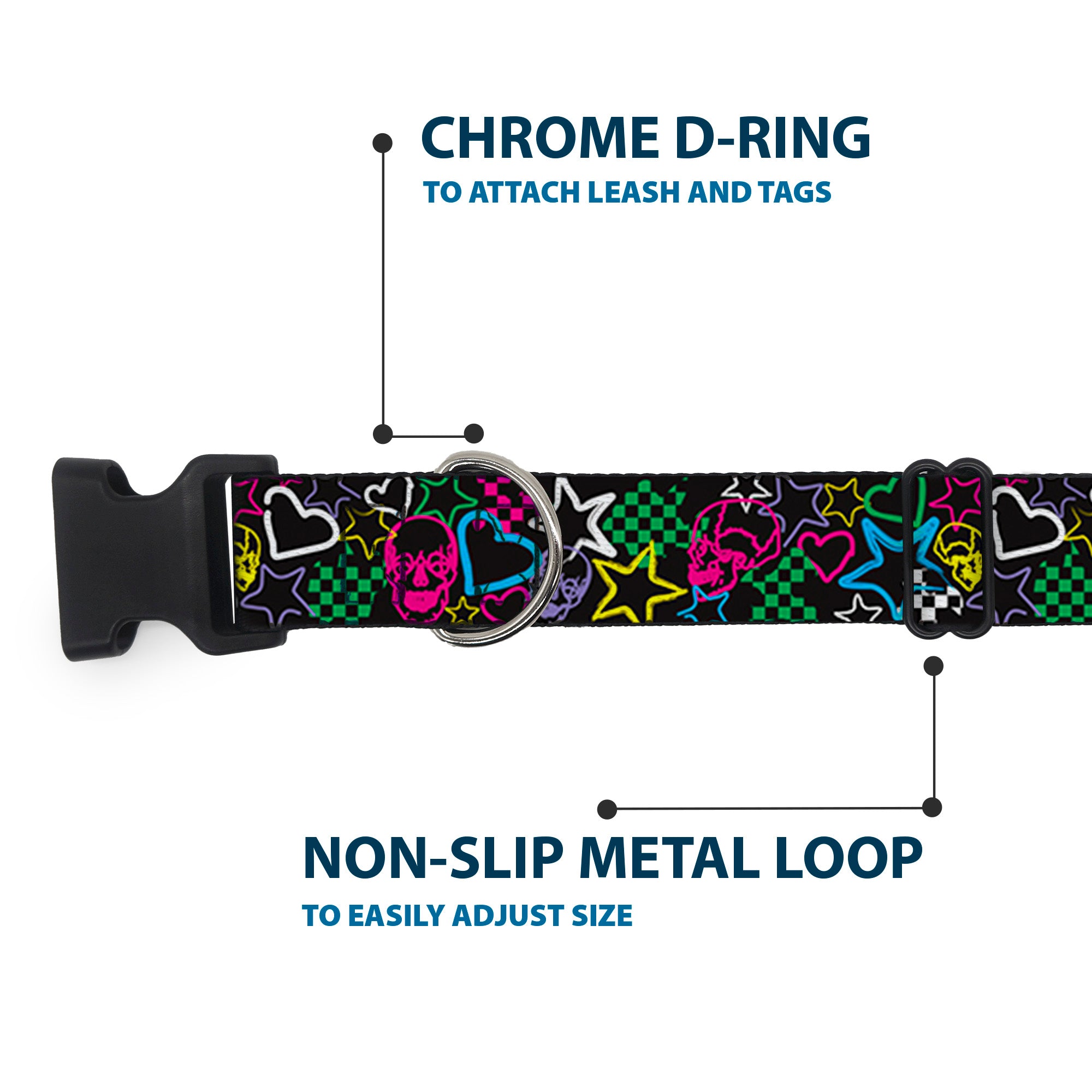 Plastic Clip Collar - Sketch Skull/Star/Heart/Checker Black/Multi Plastic Clip Collars Buckle-Down