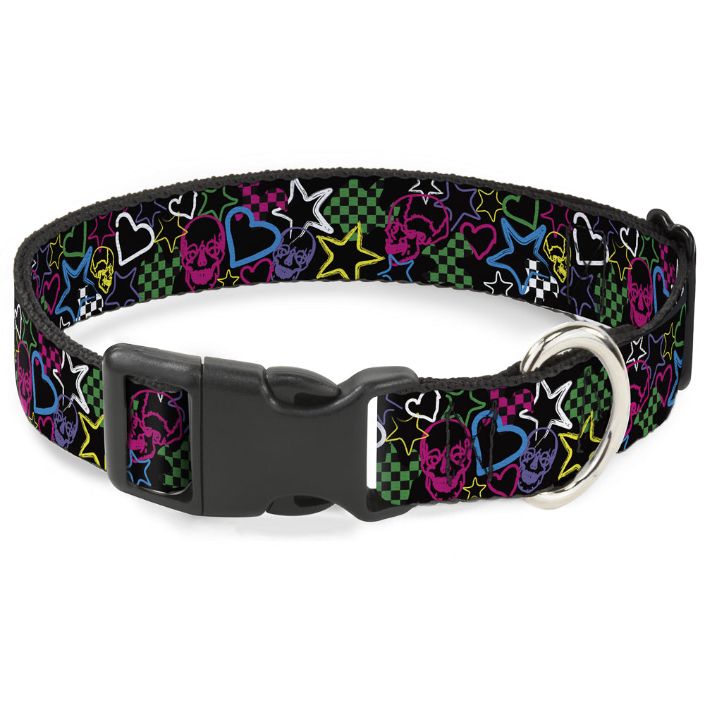 Plastic Clip Collar - Sketch Skull/Star/Heart/Checker Black/Multi Plastic Clip Collars Buckle-Down
