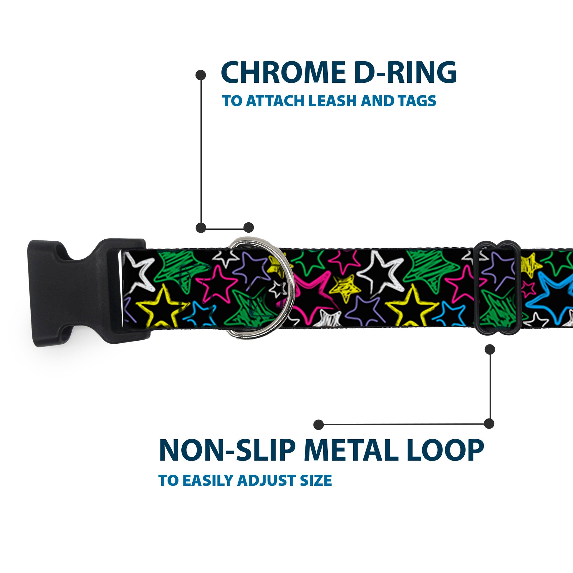 Plastic Clip Collar - Sketch Stars Black/Multi Color Plastic Clip Collars Buckle-Down